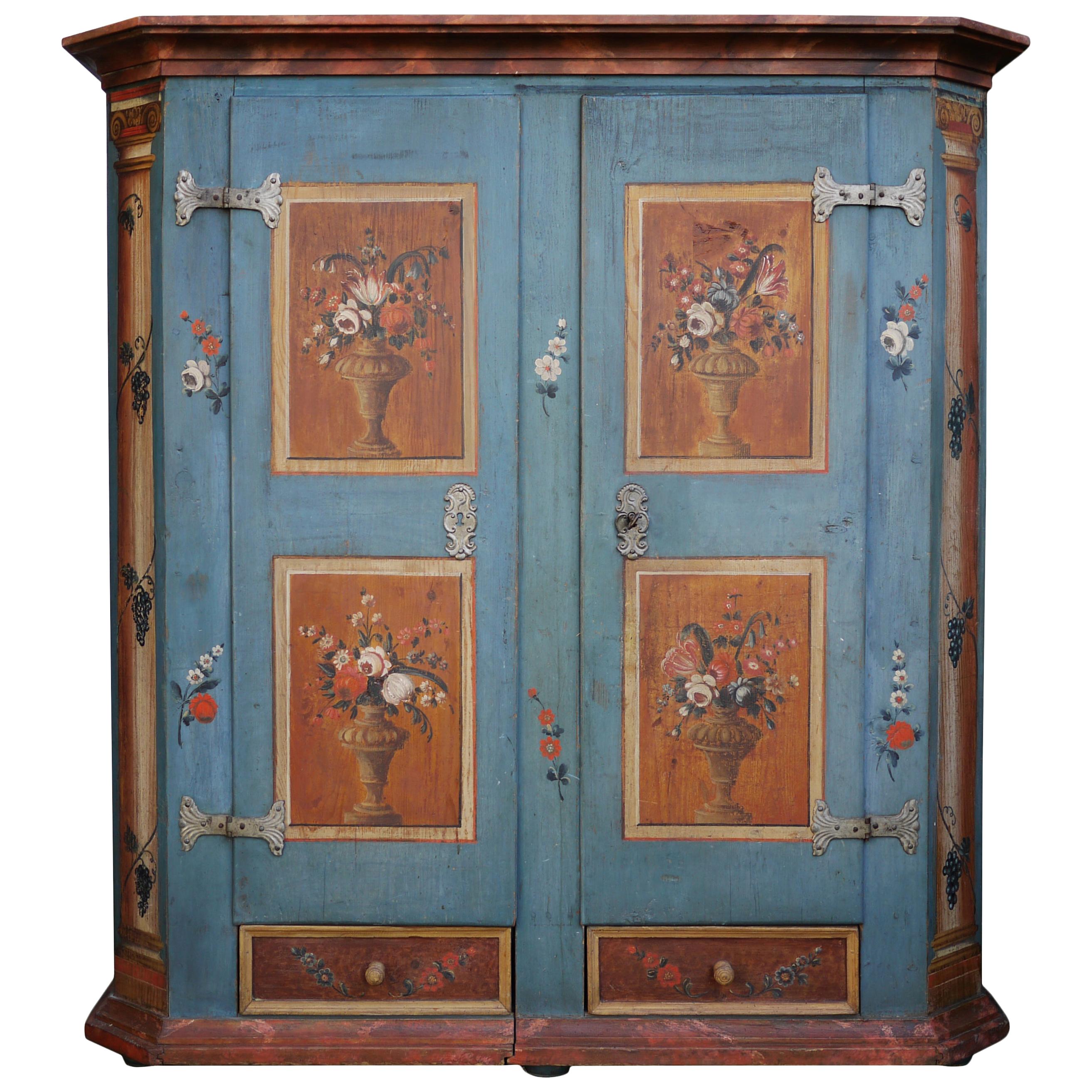 Early 19th Century Blue Painted Floral Wardrobe