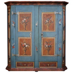 Armoire à fleurs peinte en bleu du début du XIXe siècle