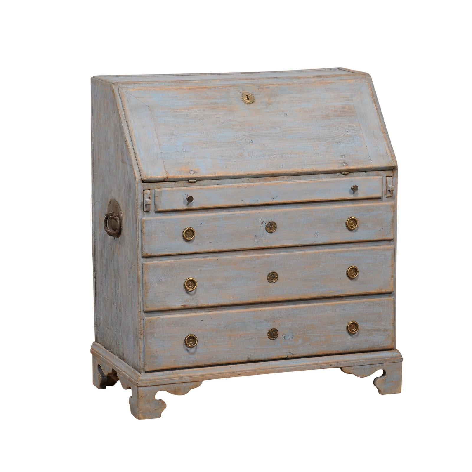 A Swedish late Gustavian period painted wood slant-front secretary from the early 19th century with light blue painted finish and carved bracket feet. This exquisite Swedish late Gustavian period painted wood slant-front secretary, dating back to