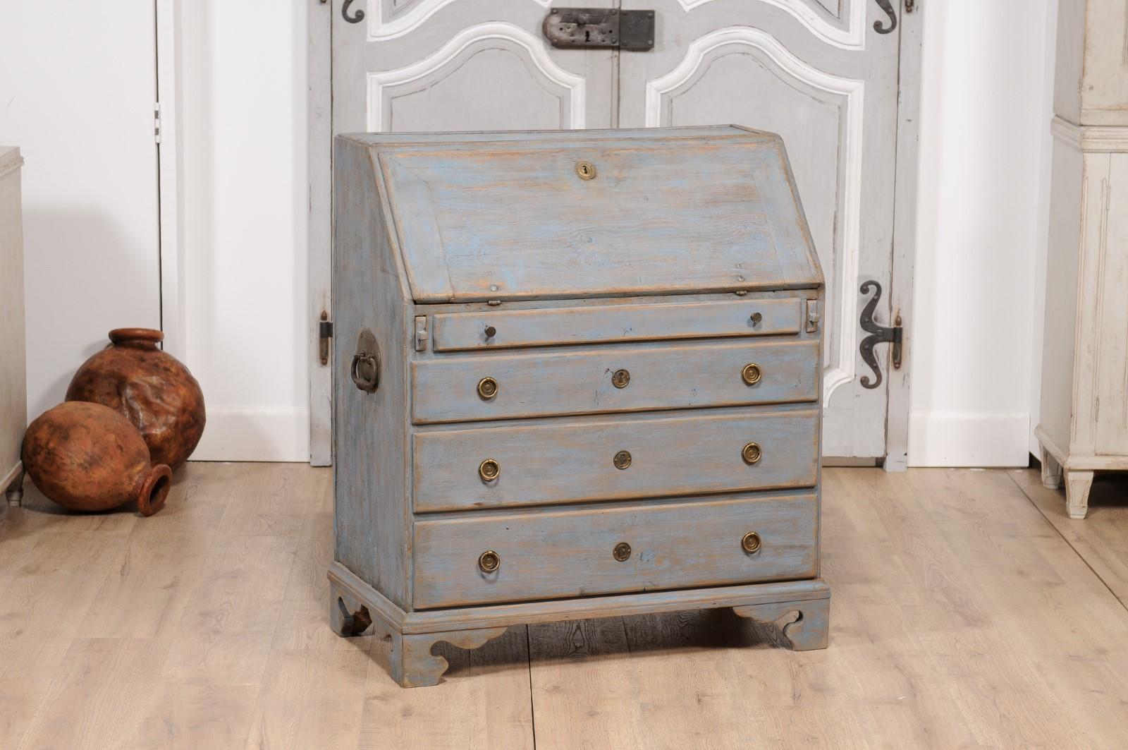 Carved Early 19th Century Blue Painted Swedish Gustavian Period Slant-Front Secretary For Sale