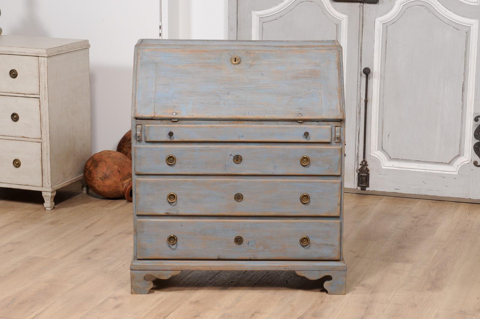 Early 19th Century Blue Painted Swedish Gustavian Period Slant-Front Secretary In Good Condition For Sale In Atlanta, GA