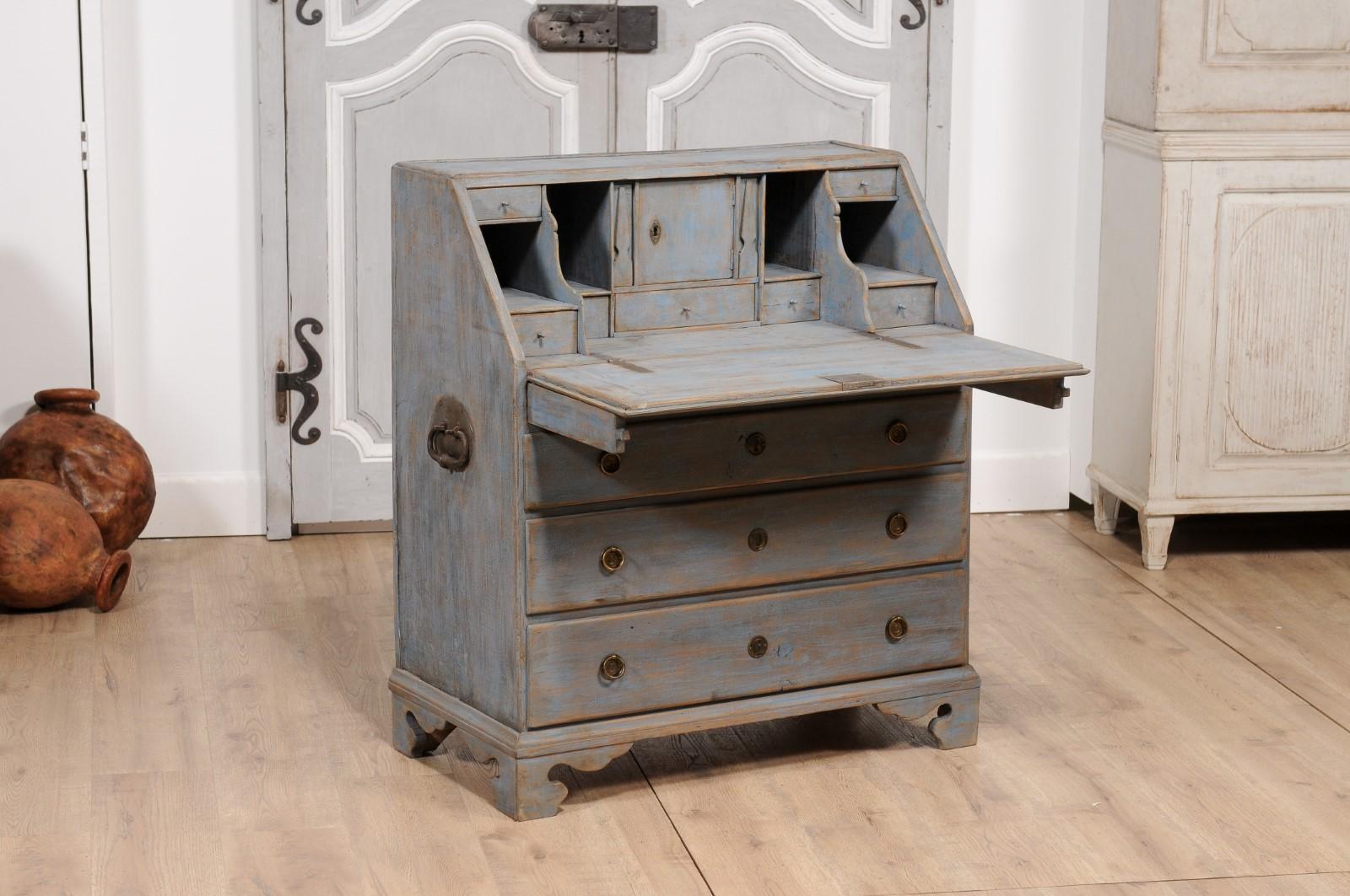 Early 19th Century Blue Painted Swedish Gustavian Period Slant-Front Secretary For Sale 1
