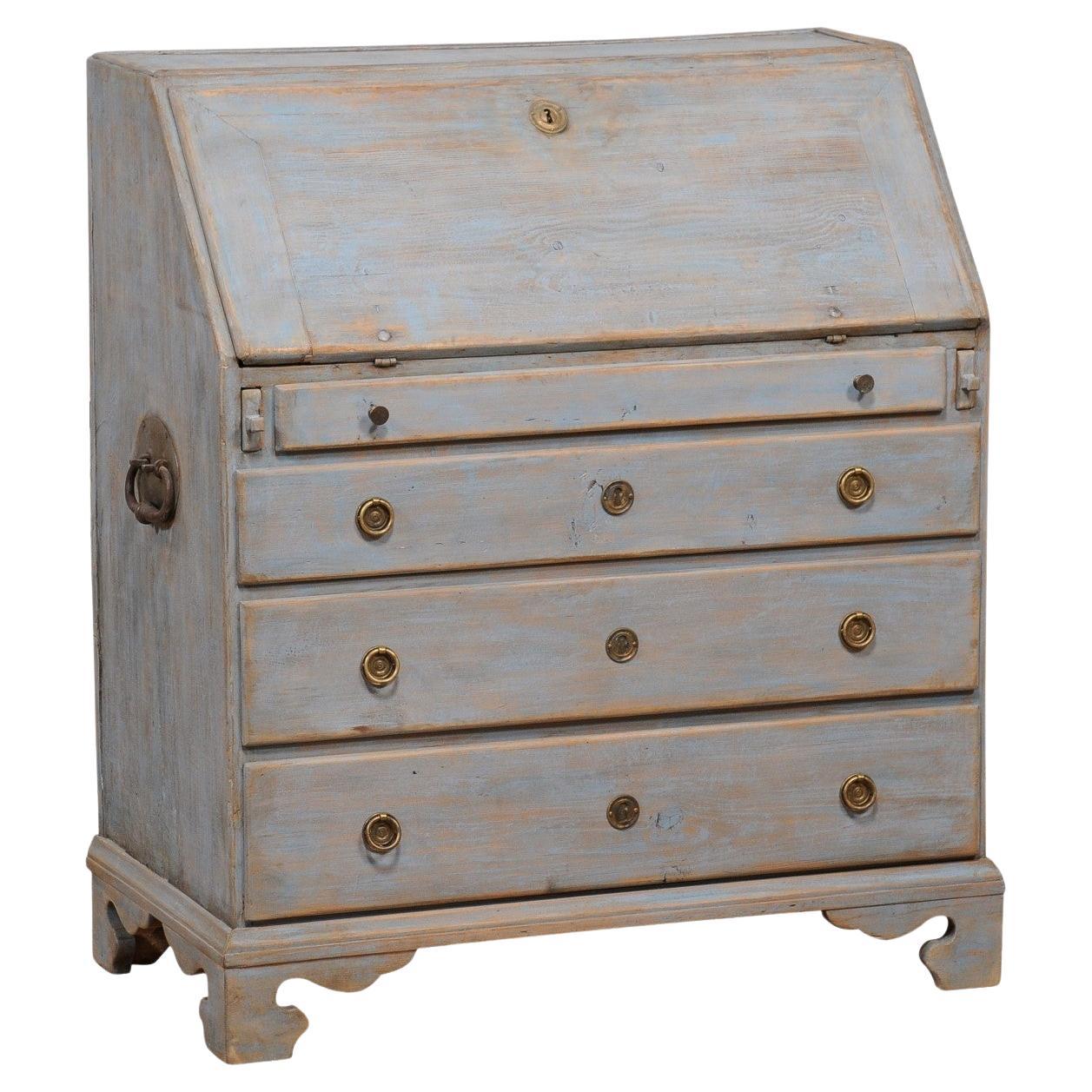 Early 19th Century Blue Painted Swedish Gustavian Period Slant-Front Secretary For Sale