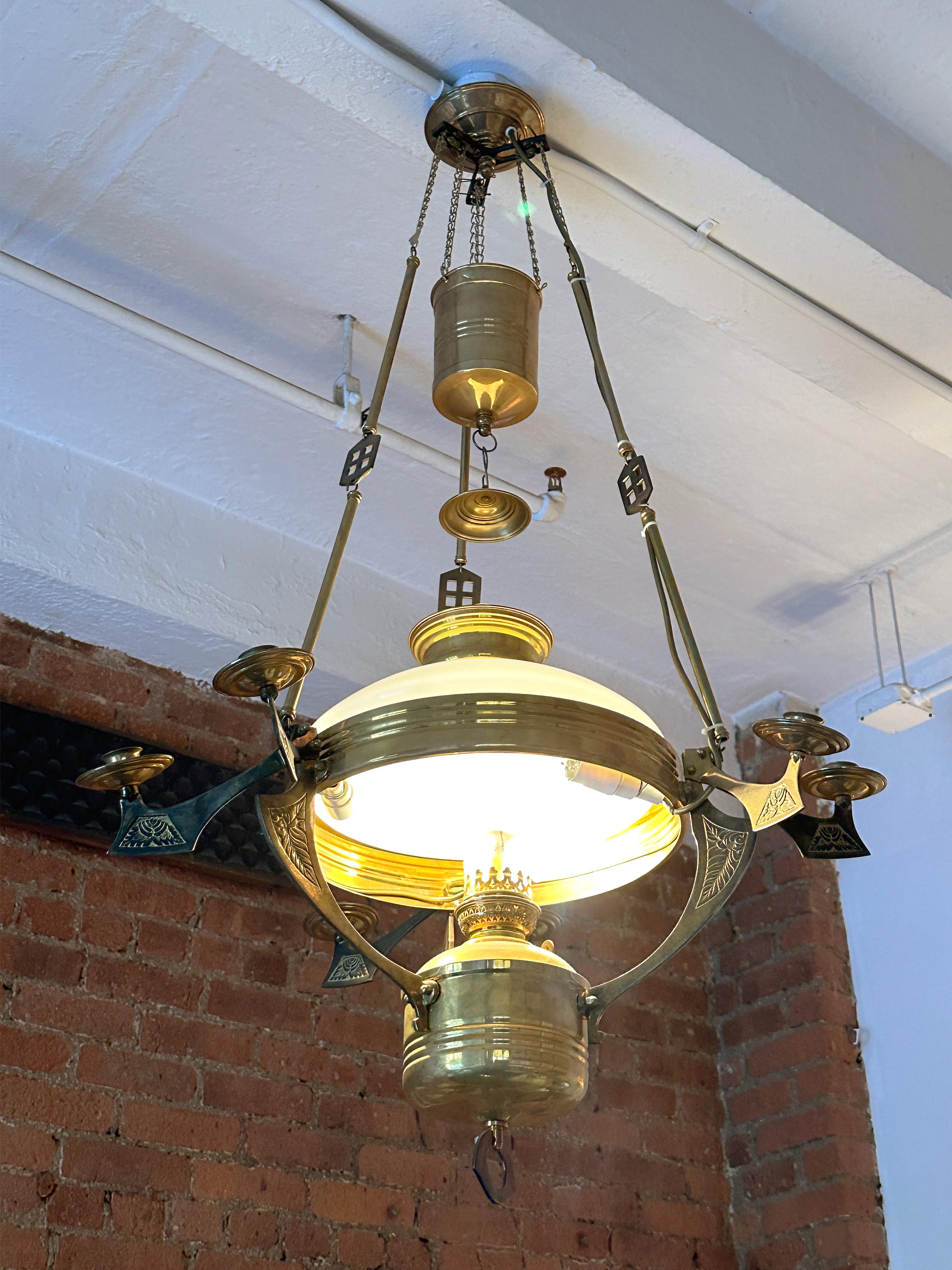 Swedish Early 19th Century Brass and Milk Glass Sweedish Chandelier Reproduction For Sale