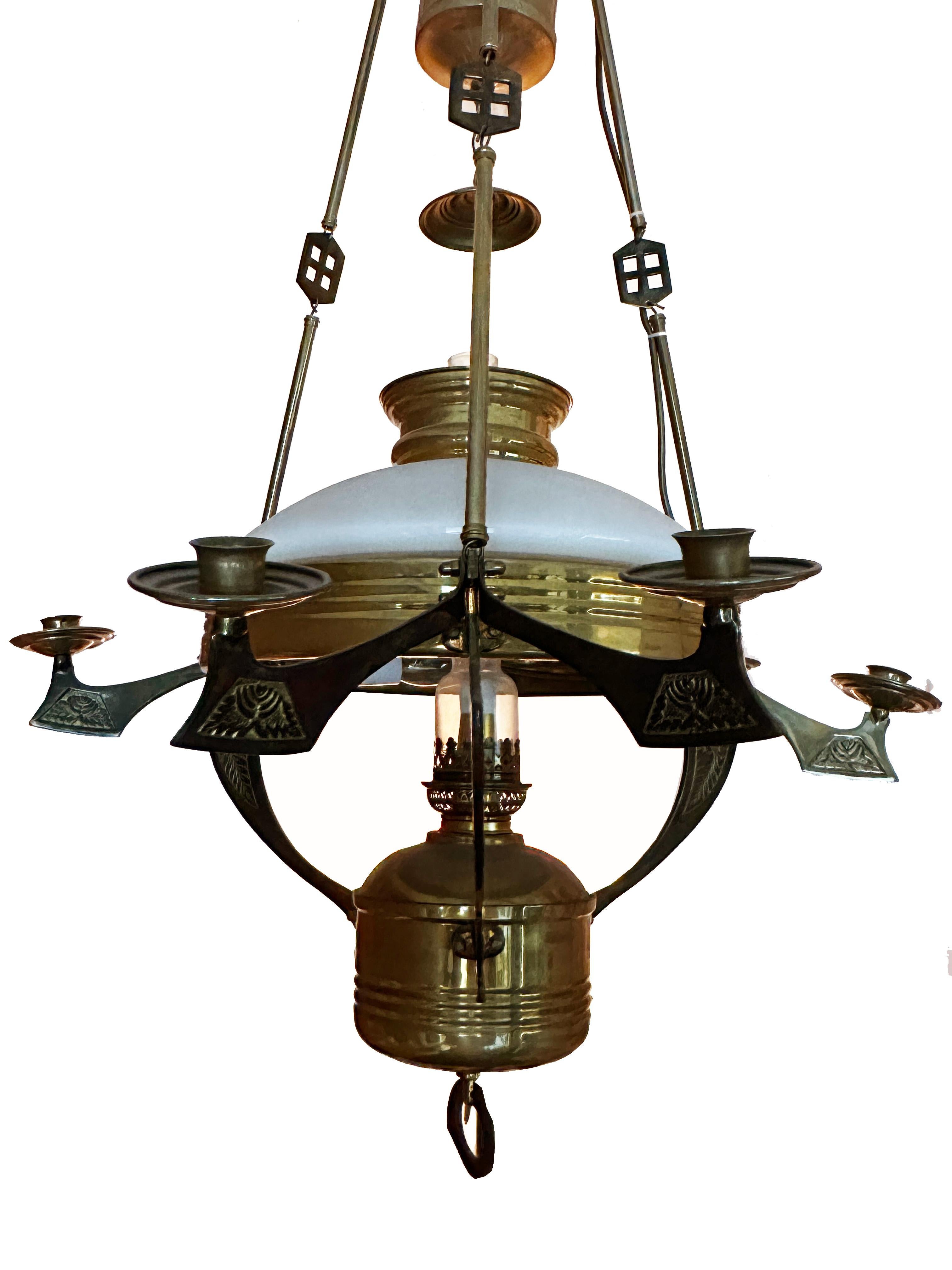 Early 19th Century Brass and Milk Glass Sweedish Chandelier Reproduction In Good Condition For Sale In New York, NY
