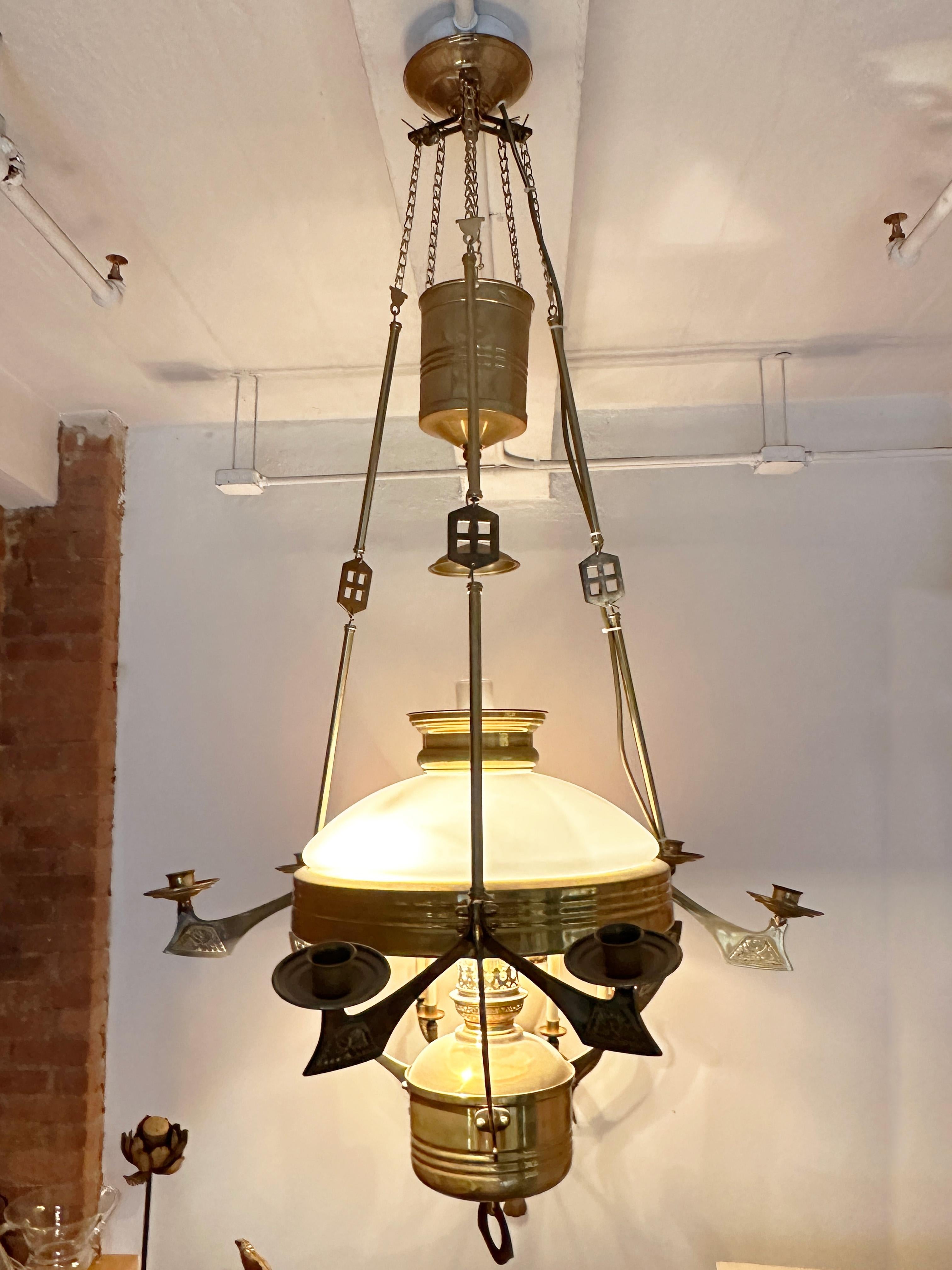 Contemporary Early 19th Century Brass and Milk Glass Sweedish Chandelier Reproduction For Sale