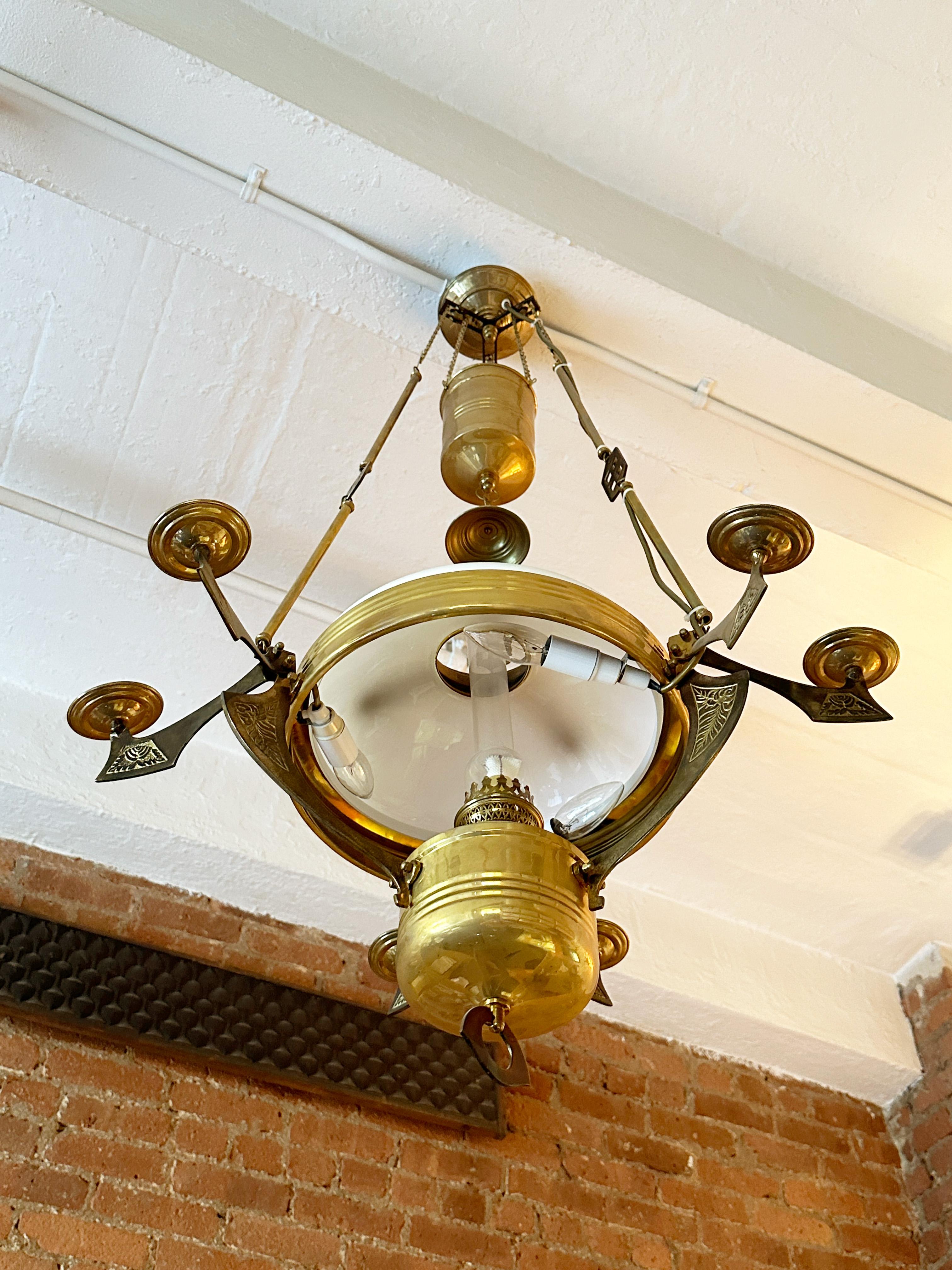 Early 19th Century Brass and Milk Glass Sweedish Chandelier Reproduction For Sale 2