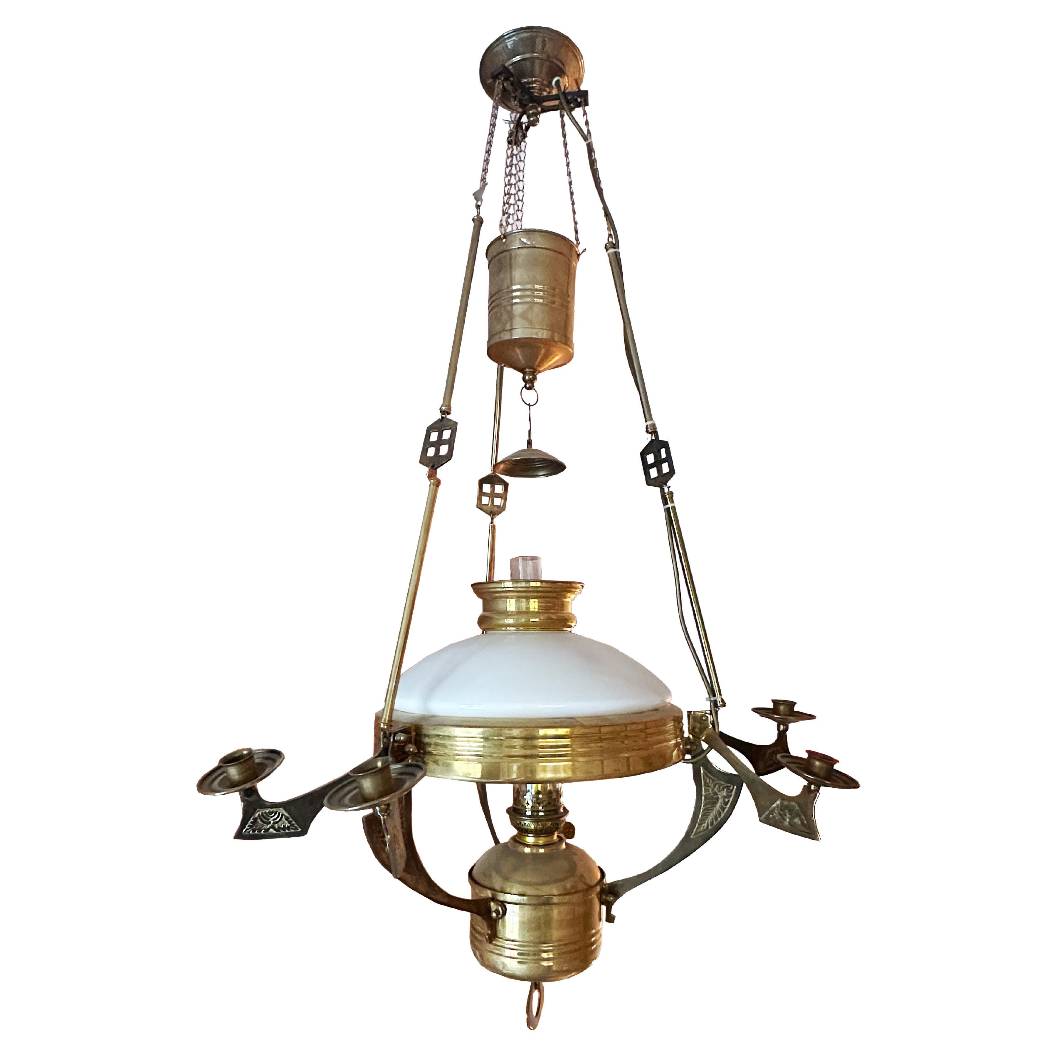 Early 19th Century Brass and Milk Glass Sweedish Chandelier Reproduction For Sale