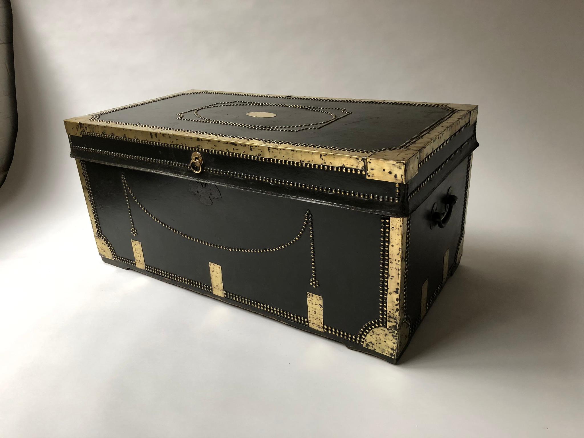 Hand-Crafted Early 19th Century Brass Bound and Studded Leather Covered Travelling Trunk