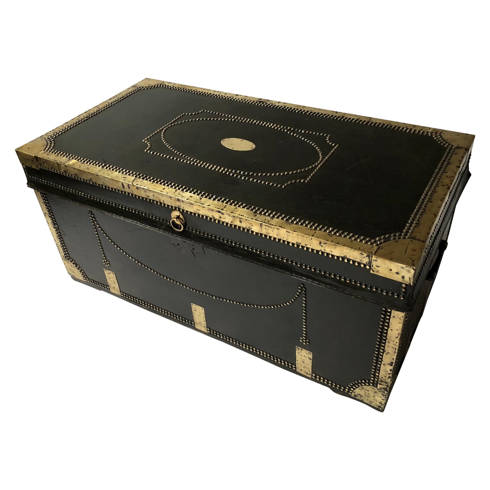 Early 19th Century Brass Bound and Studded Leather Covered Travelling Trunk