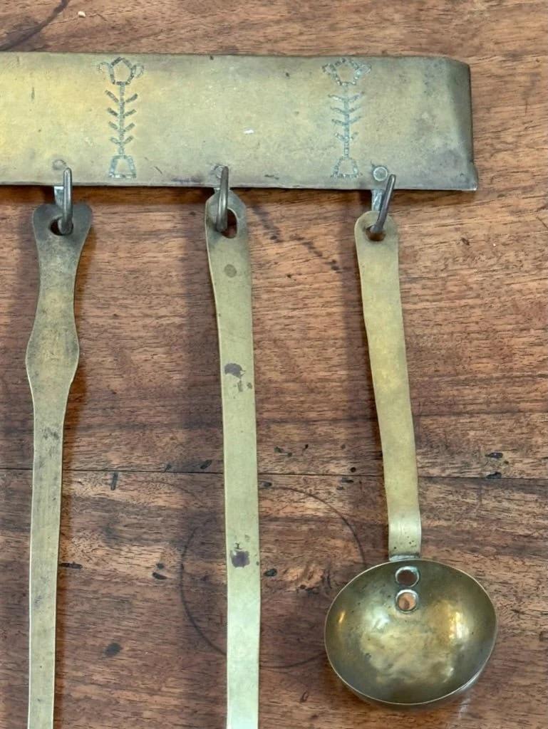 Unknown Early 19th Century Brass kitchen utensil hanger with utensils For Sale