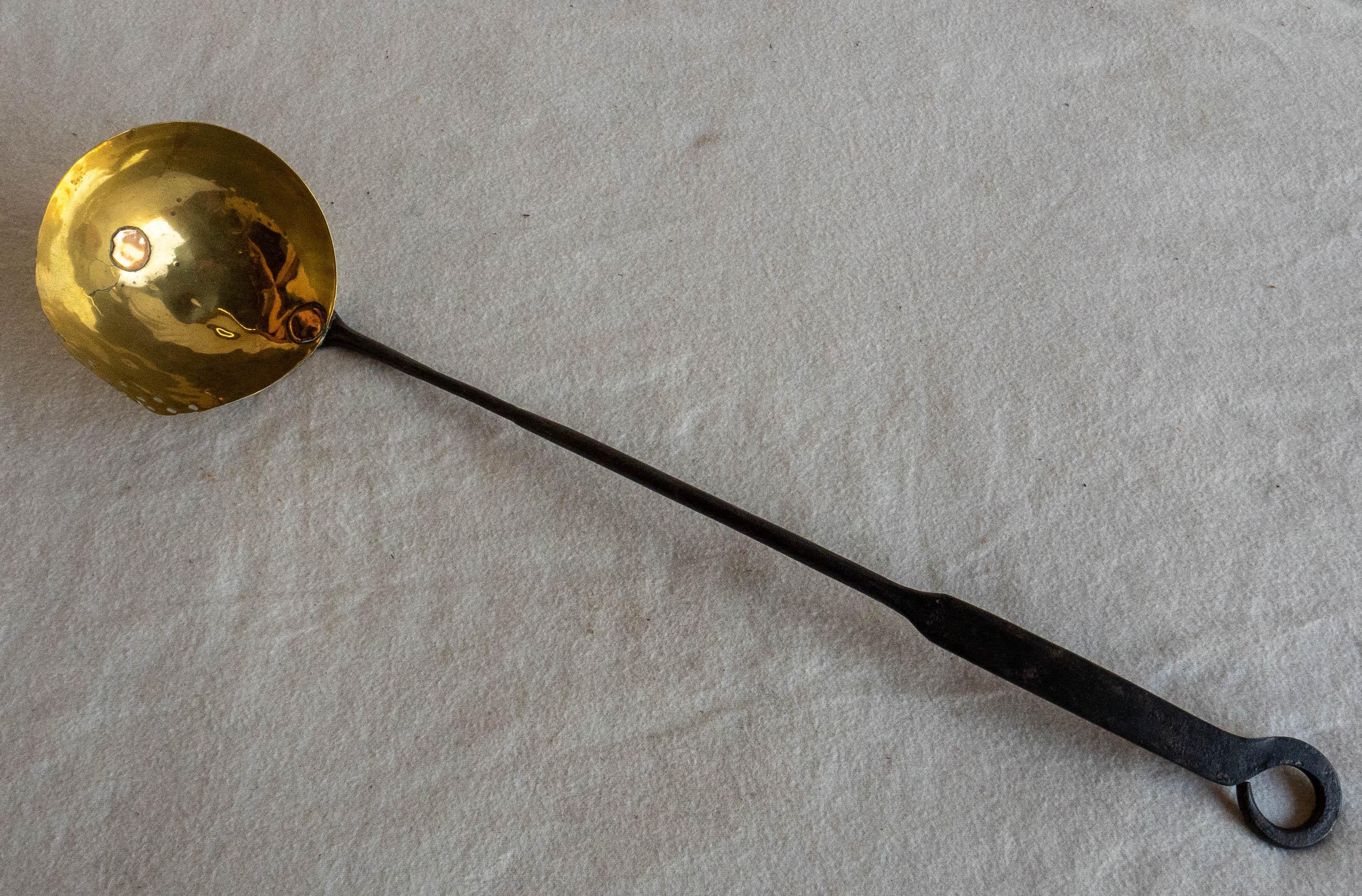 Early 19th Century Brass Ladle with Pierced Lip Edge for Straining and Steel Handle.