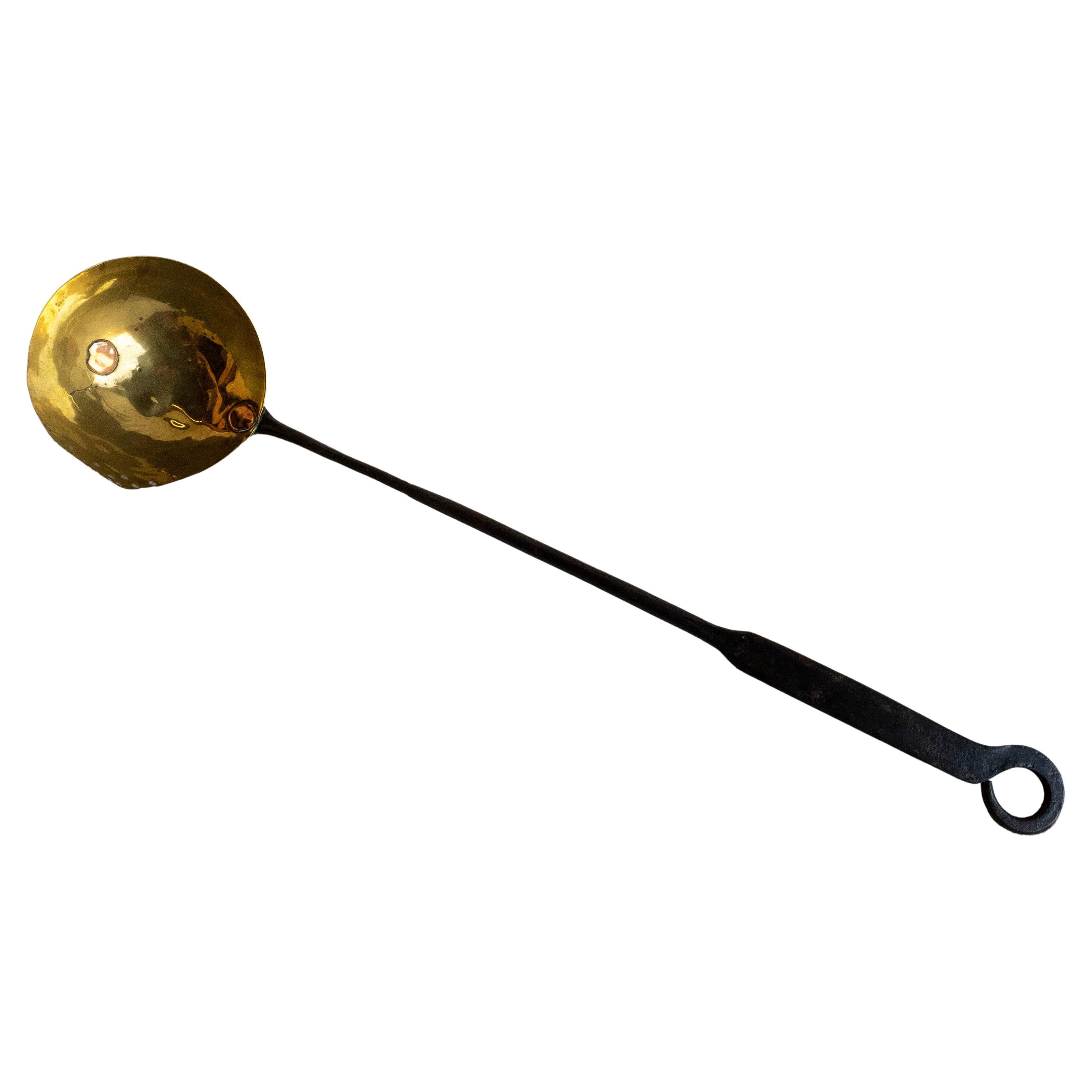 Early 19th Century Brass Ladle with Pierced Edge for Straining and Steel Handle For Sale
