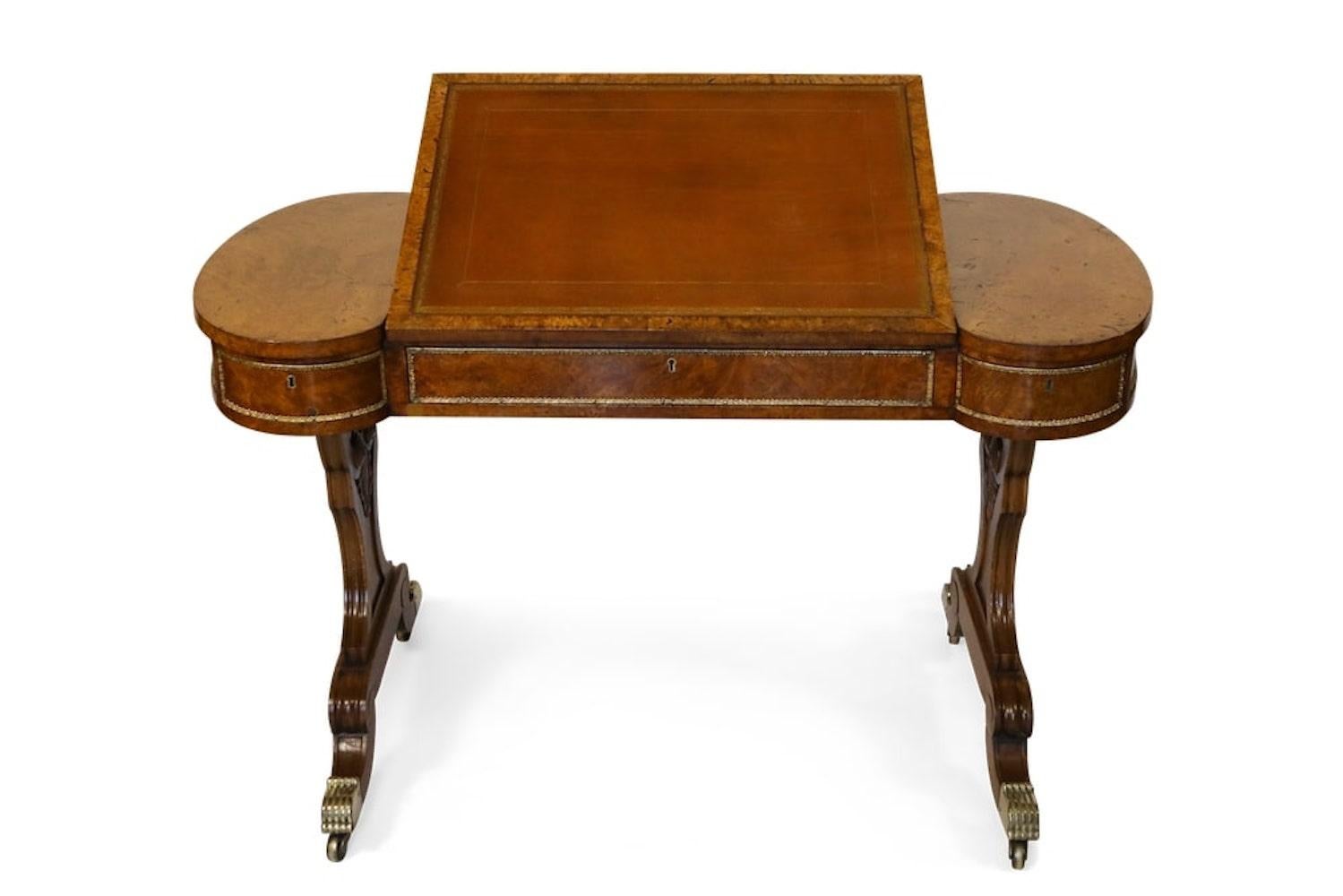 English Early 19th Century Brass-Mounted Pollard Oak Writing Table  For Sale
