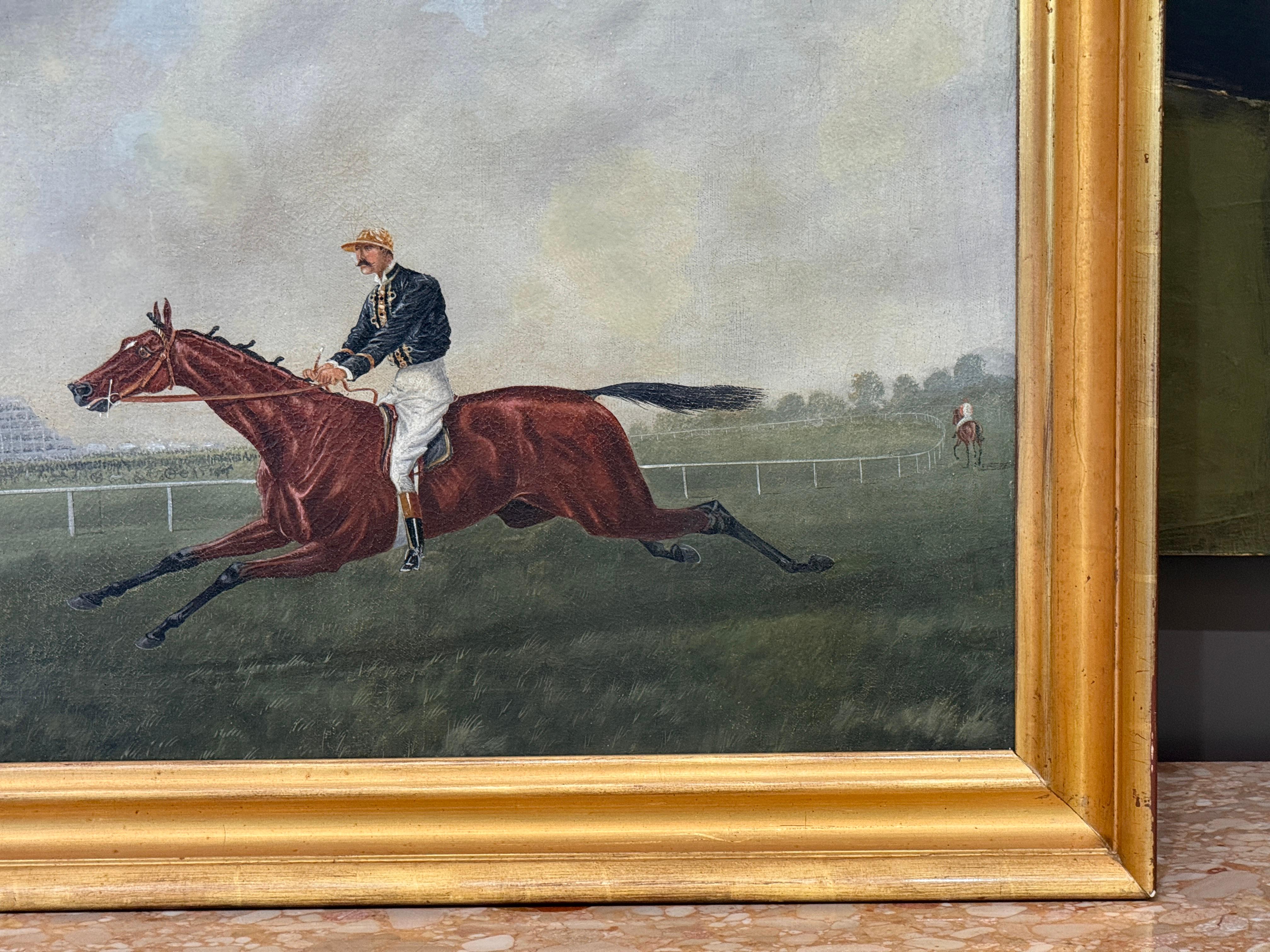 Britannique Peinture à l'huile du début du 19e siècle de l'école britannique représentant un cheval au galop avec un jockey en vente