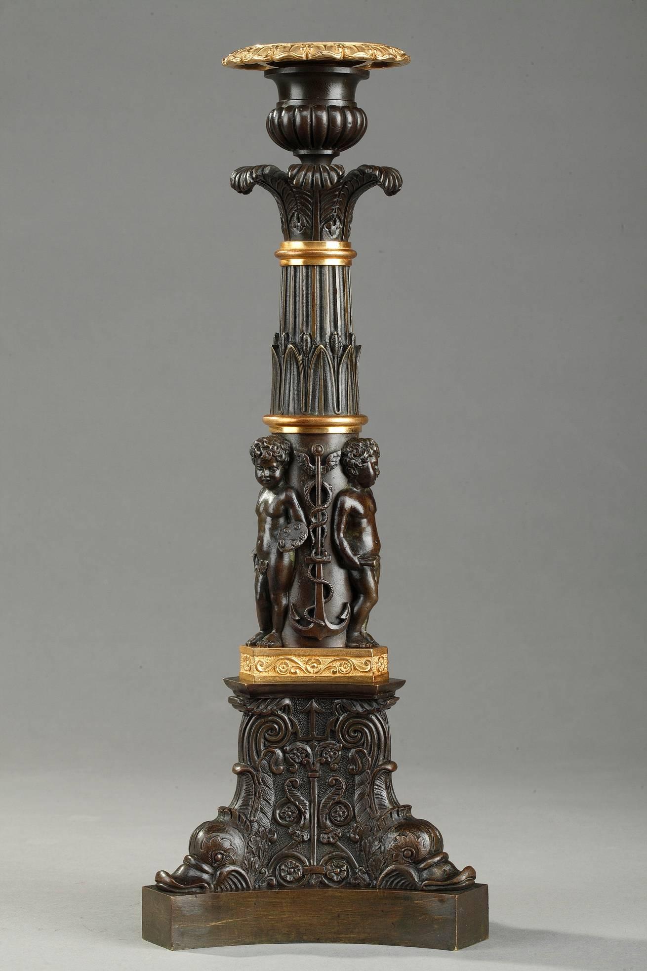 Restauration Early 19th Century Bronze Candlesticks with Dolphins