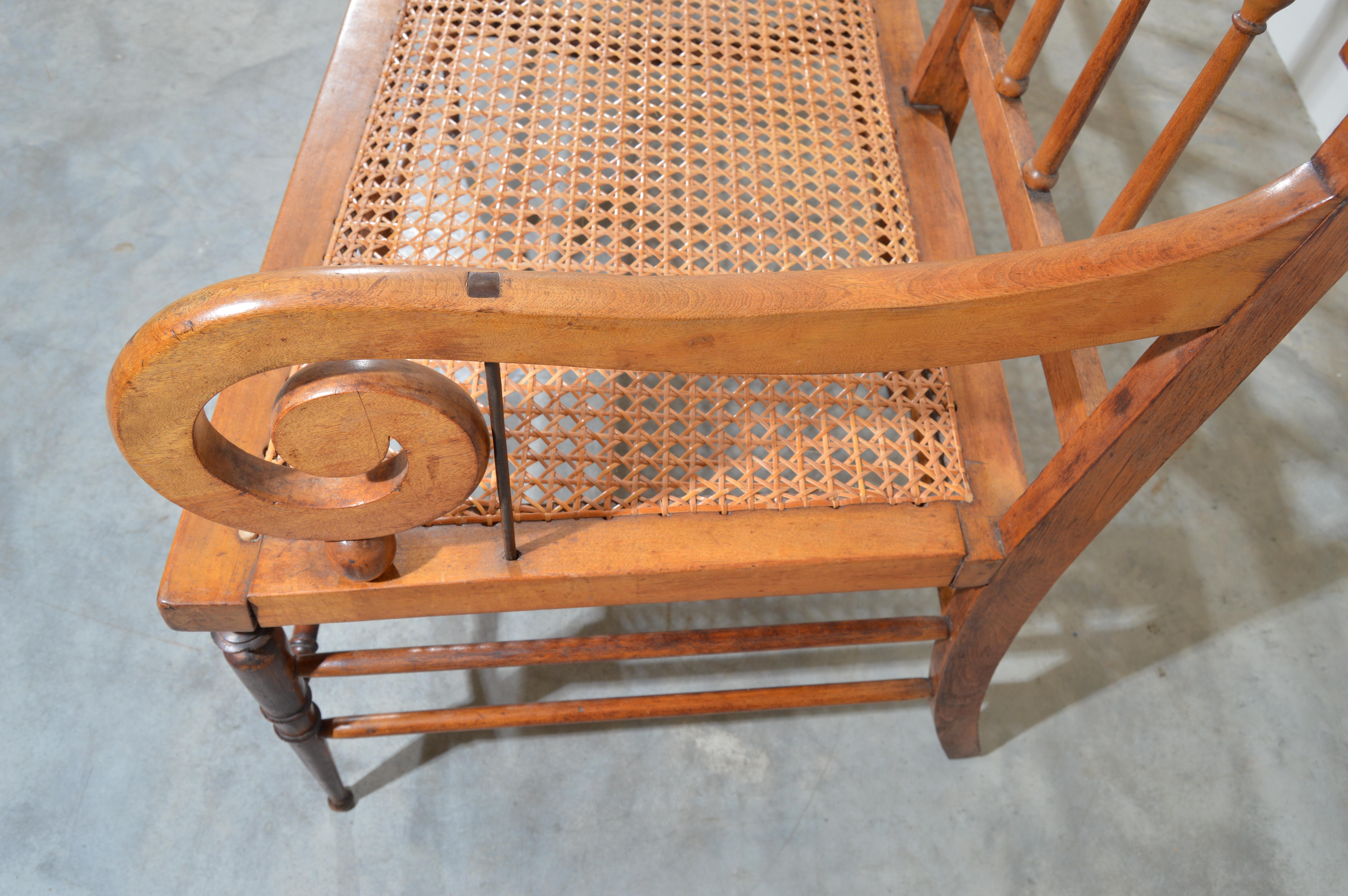 Early 19th Century Burlwood Maple Dowel Leg Caned Bench 6