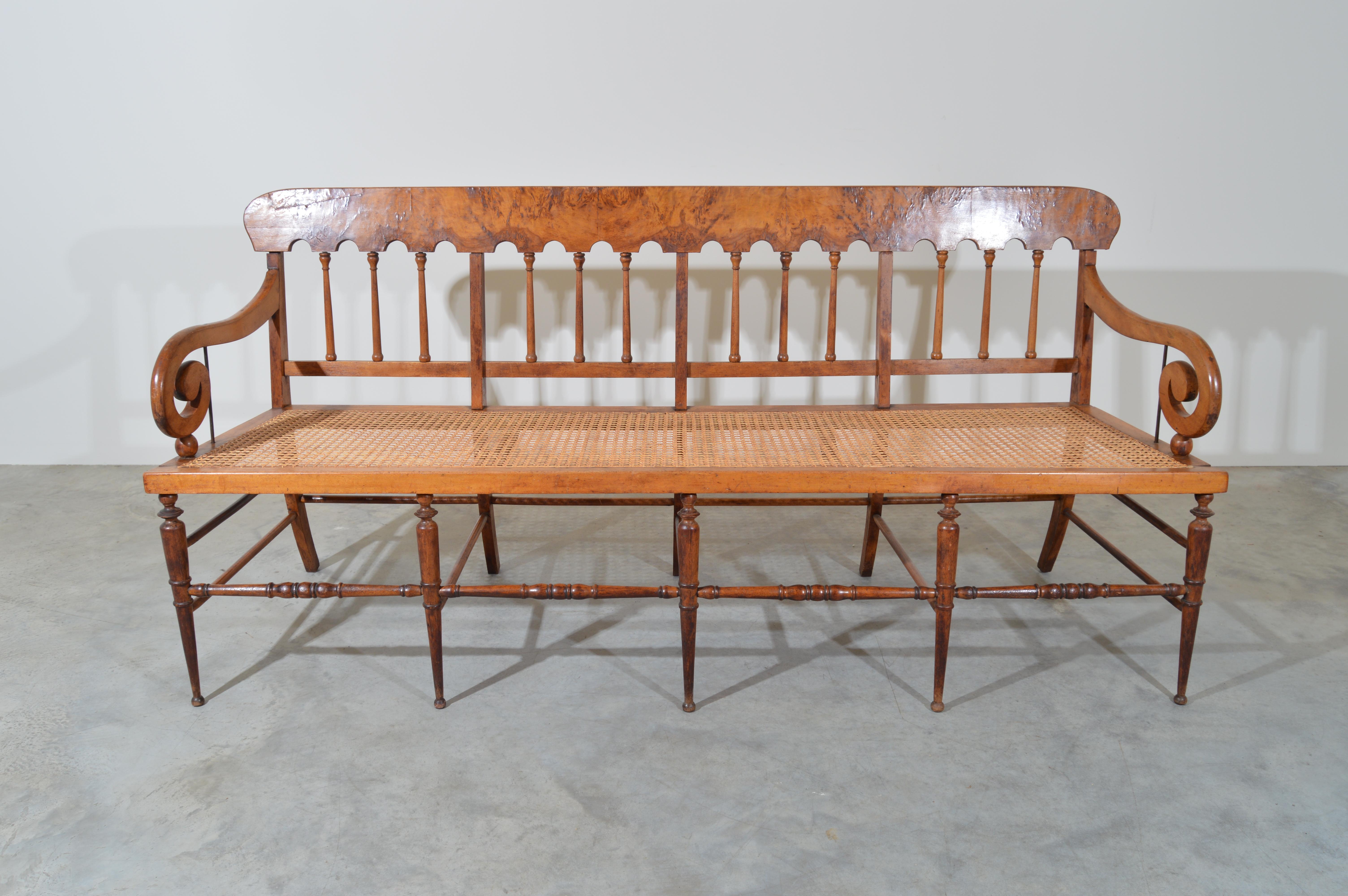 A rare figured burlwood maple doweled leg early 19th century bench c. 1820-1840. Fully restored of solid construction & new French caning. A museum quality showpiece.