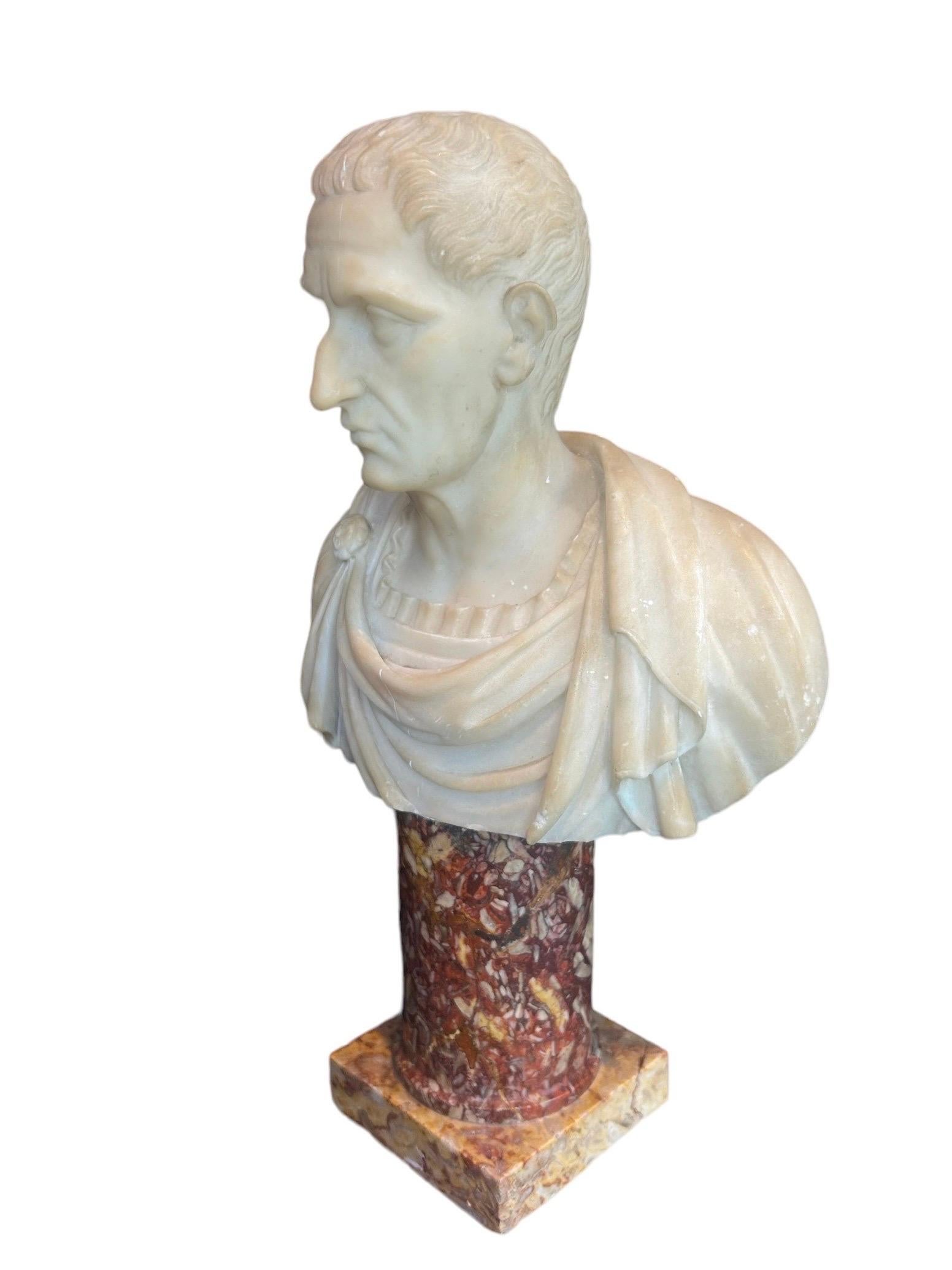 Carved Early 19th century Bust of Roman emperor Julius Caesar in Alabaster  For Sale