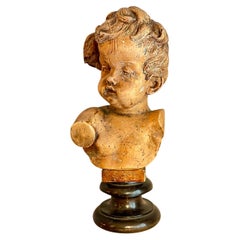 Early 19th Century Carved Angel Bust Head in Lime-Wood and Ebonized Turned Base