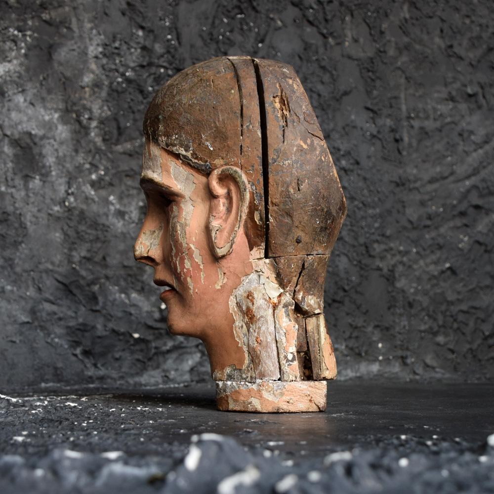 Hand-Carved Early 19th Century Carved Italian Santos Religious Macabre Wooden Head For Sale