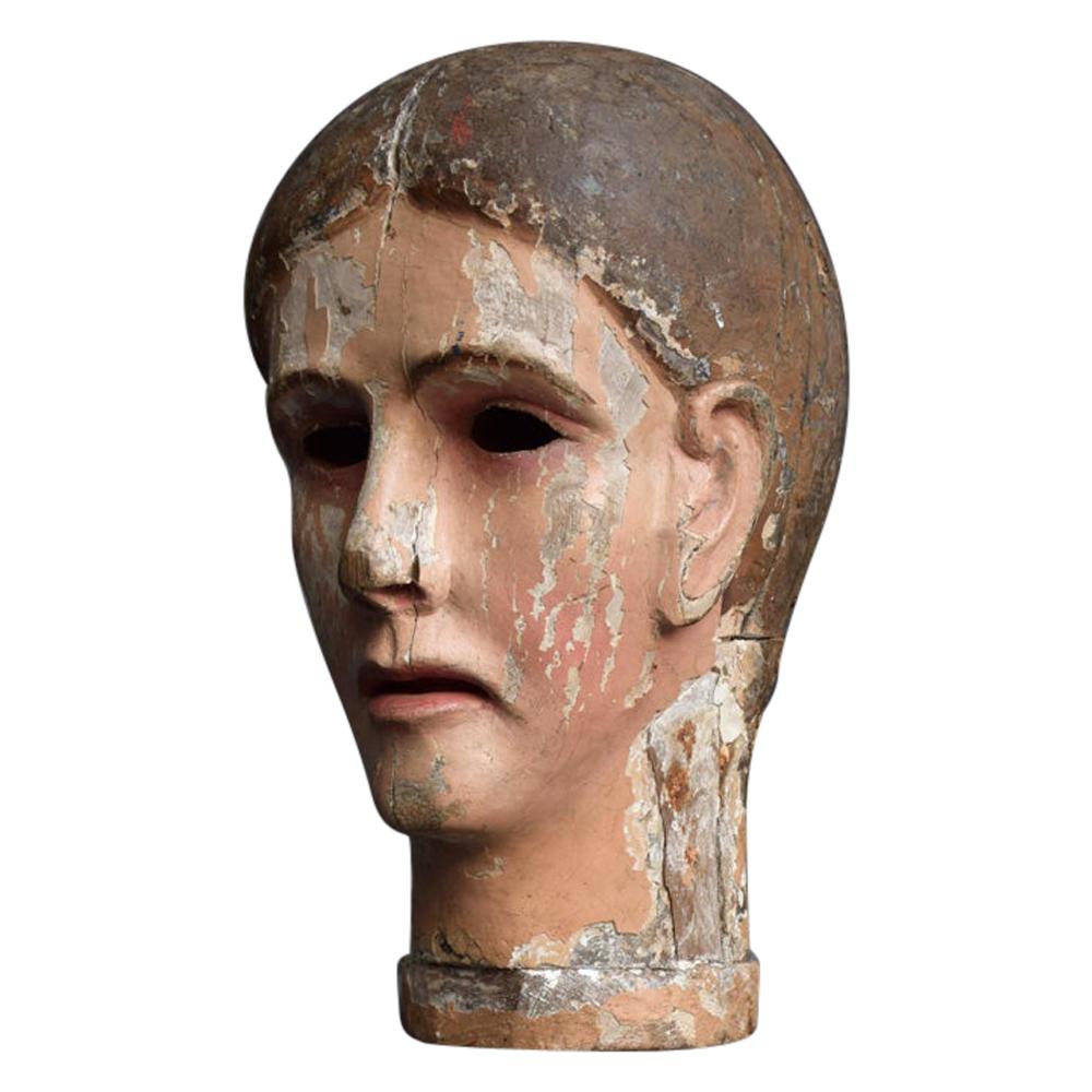 Early 19th Century Carved Italian Santos Religious Macabre Wooden Head