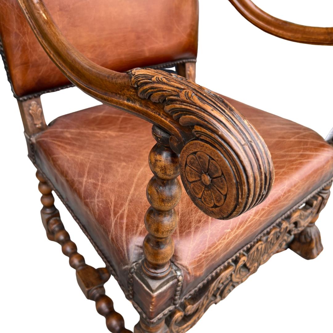 Elizabethan Early 19th Century Carved Leather Armchair For Sale