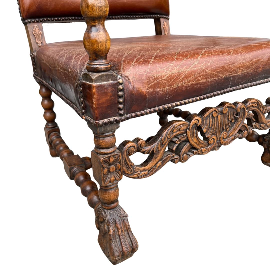 English Early 19th Century Carved Leather Armchair For Sale