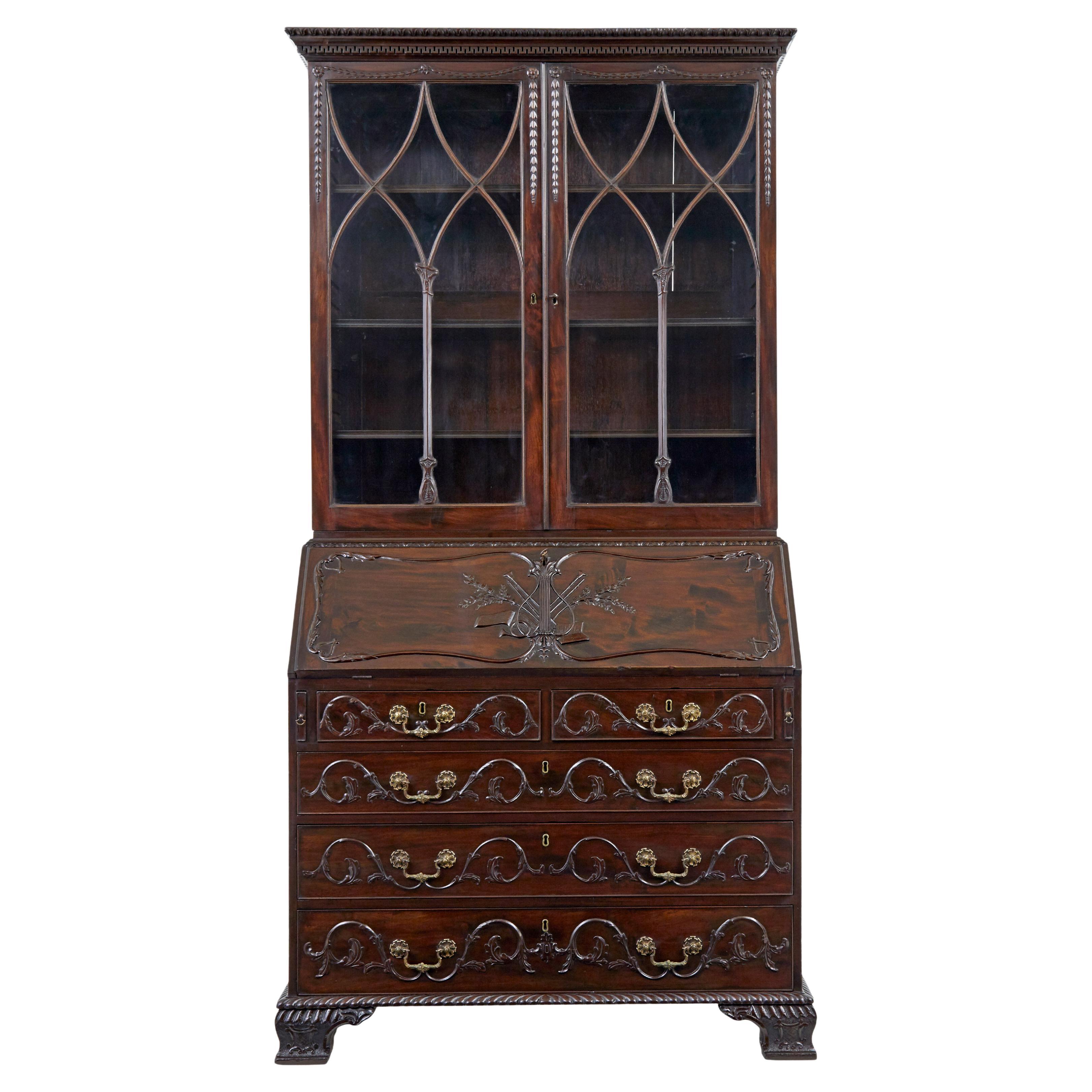 Early 19th century carved mahogany bureau bookcase For Sale
