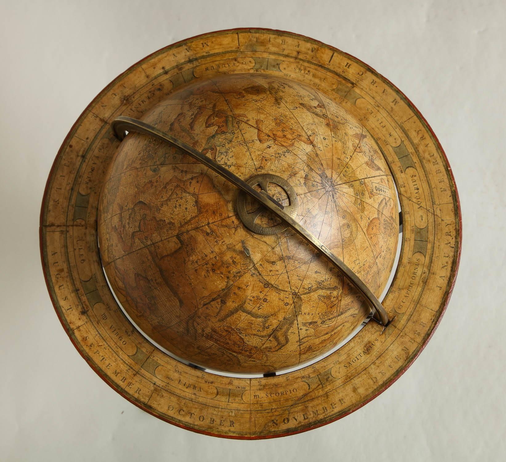 Fine Georgian Celestial globe by J. & W. Cary of London, circa 1800, the mahogany Stand with ring turned urn shaft and standing on slipper feet, with compass on lower tier, the whole in excellent antique condition.