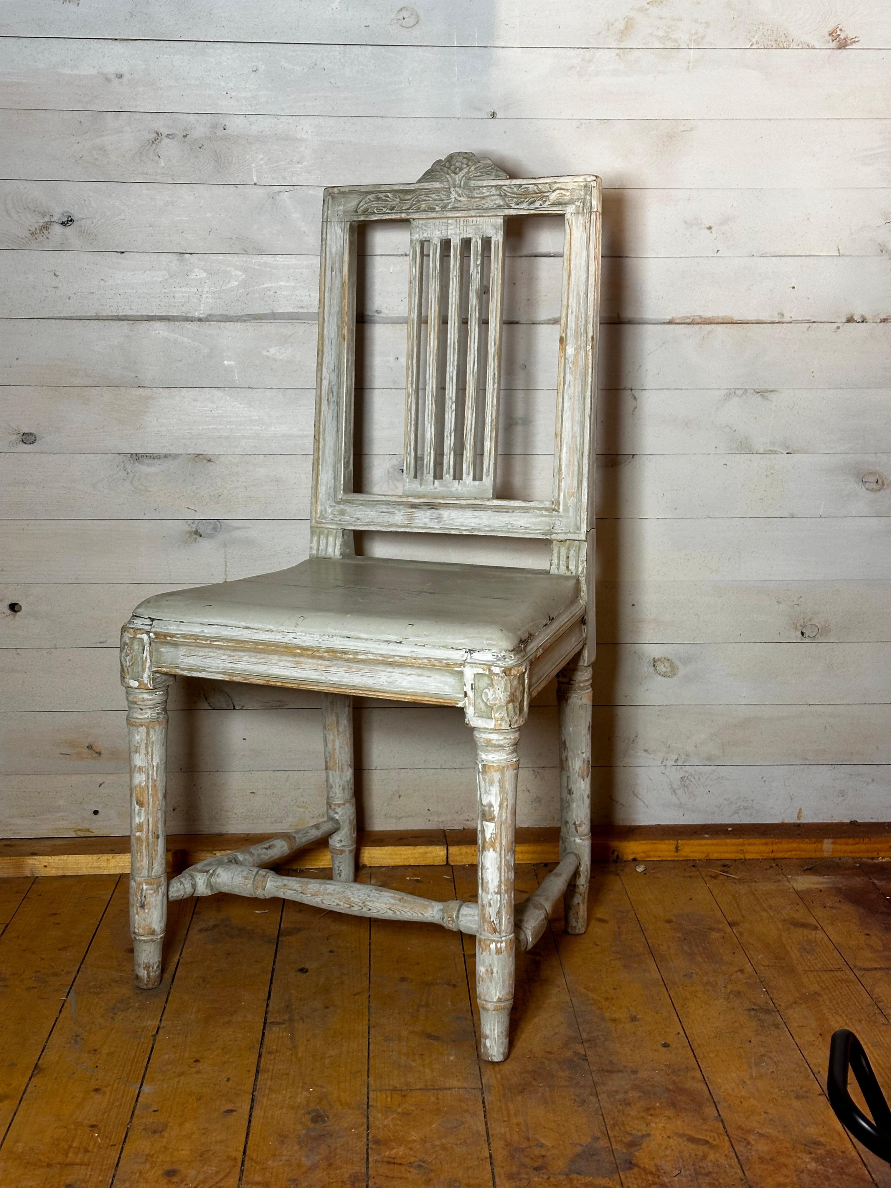 A pair of Swedish chairs made about 1800. There are two pairs, so it is possible to get a set of four.

Gustavian style was the leading style in Swedish architecture, decor and crafts during the Gustavian era, inspired by French Neoclassicism. The