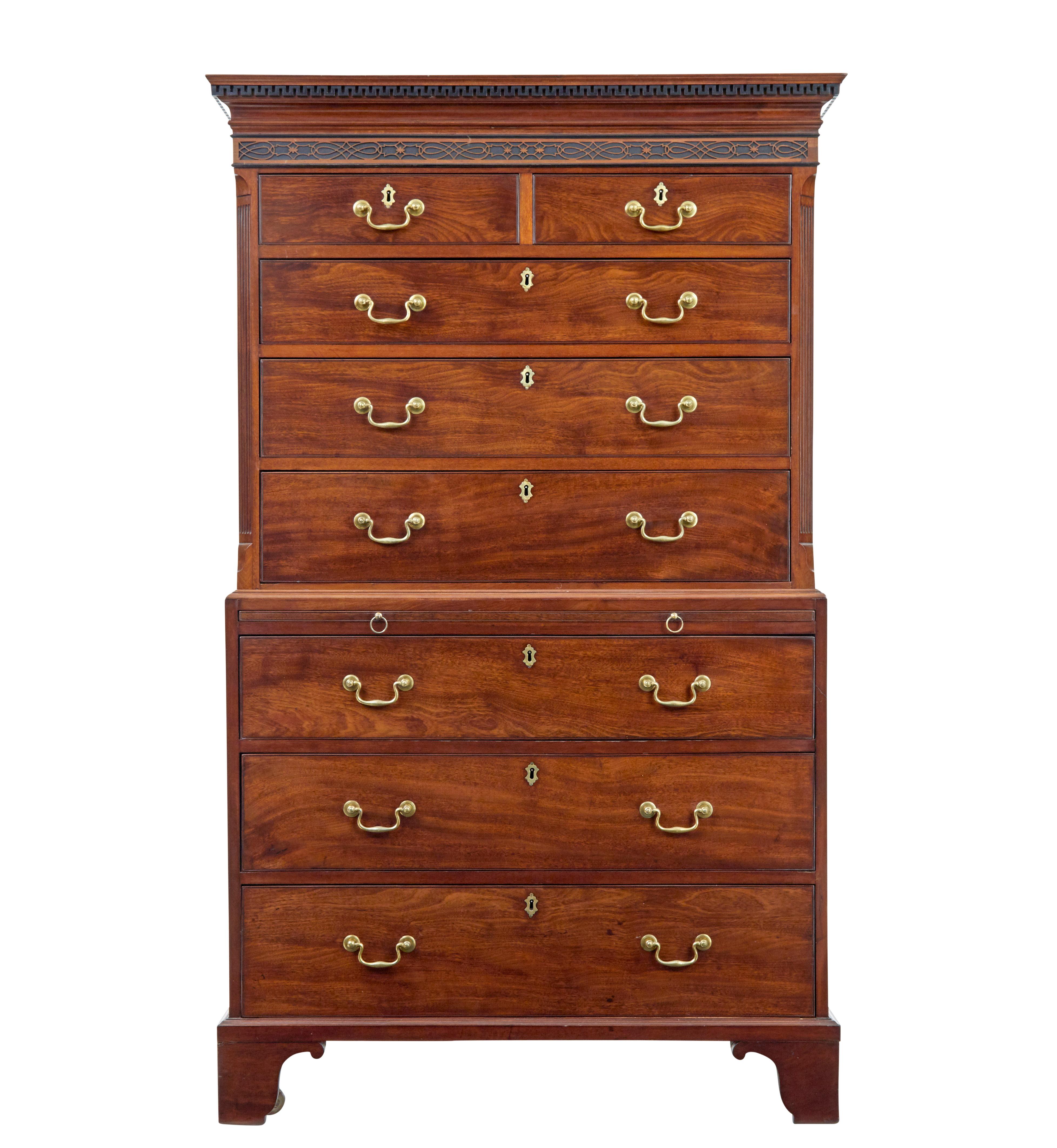 Early 19th century channel island mahogany chest on chest  circa 1830.

Fine quality chest on chest from the channel islands, comprising of 2 sections.  Cornice decorated with greek key dentil freize, with a blind fretwork border below.  2 over 3