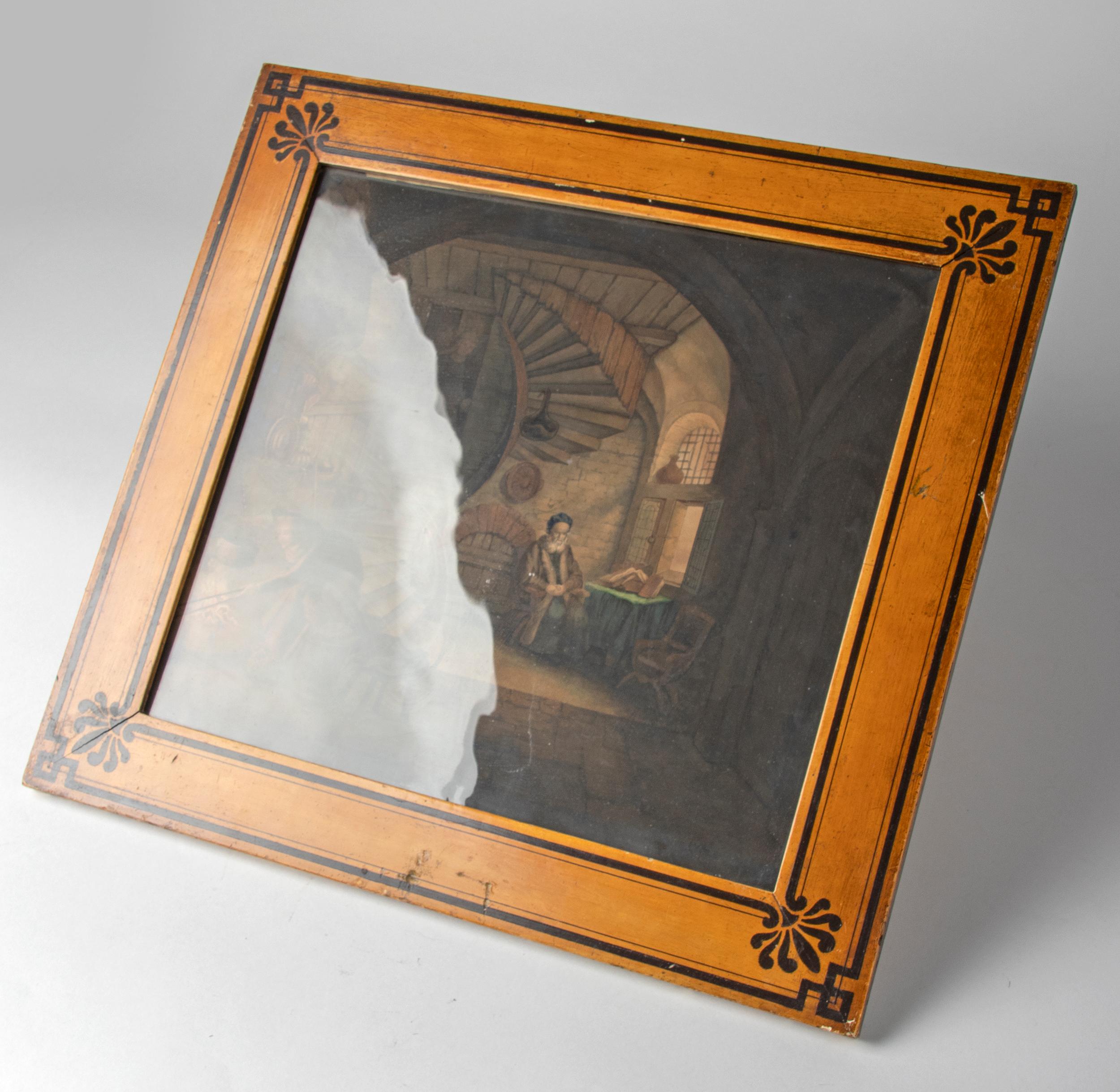 Early 19th Century Charles X Painting Interior Scene with Wooden Painted Frame For Sale 6