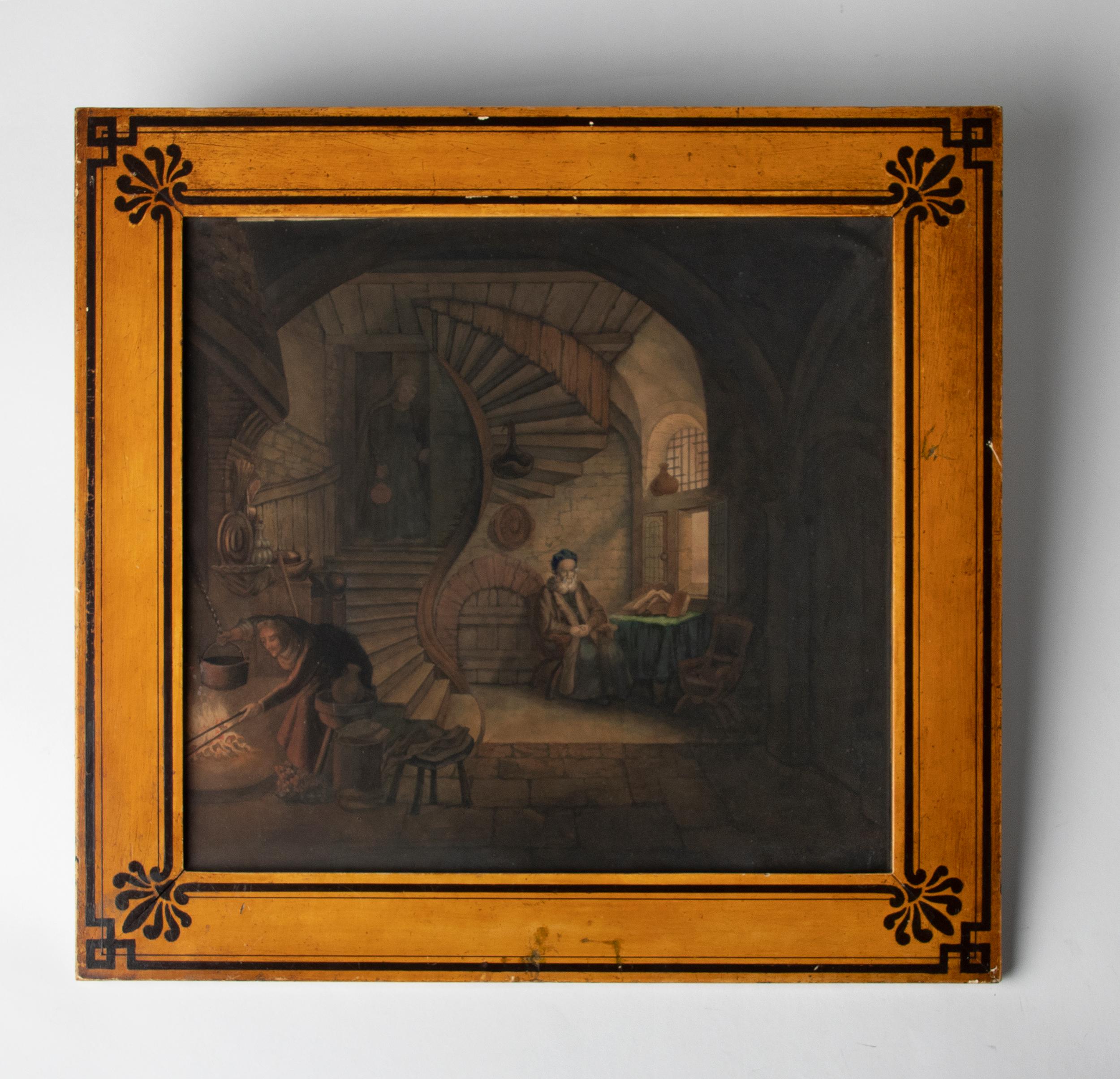 Early 19th Century Charles X Painting Interior Scene with Wooden Painted Frame For Sale 8