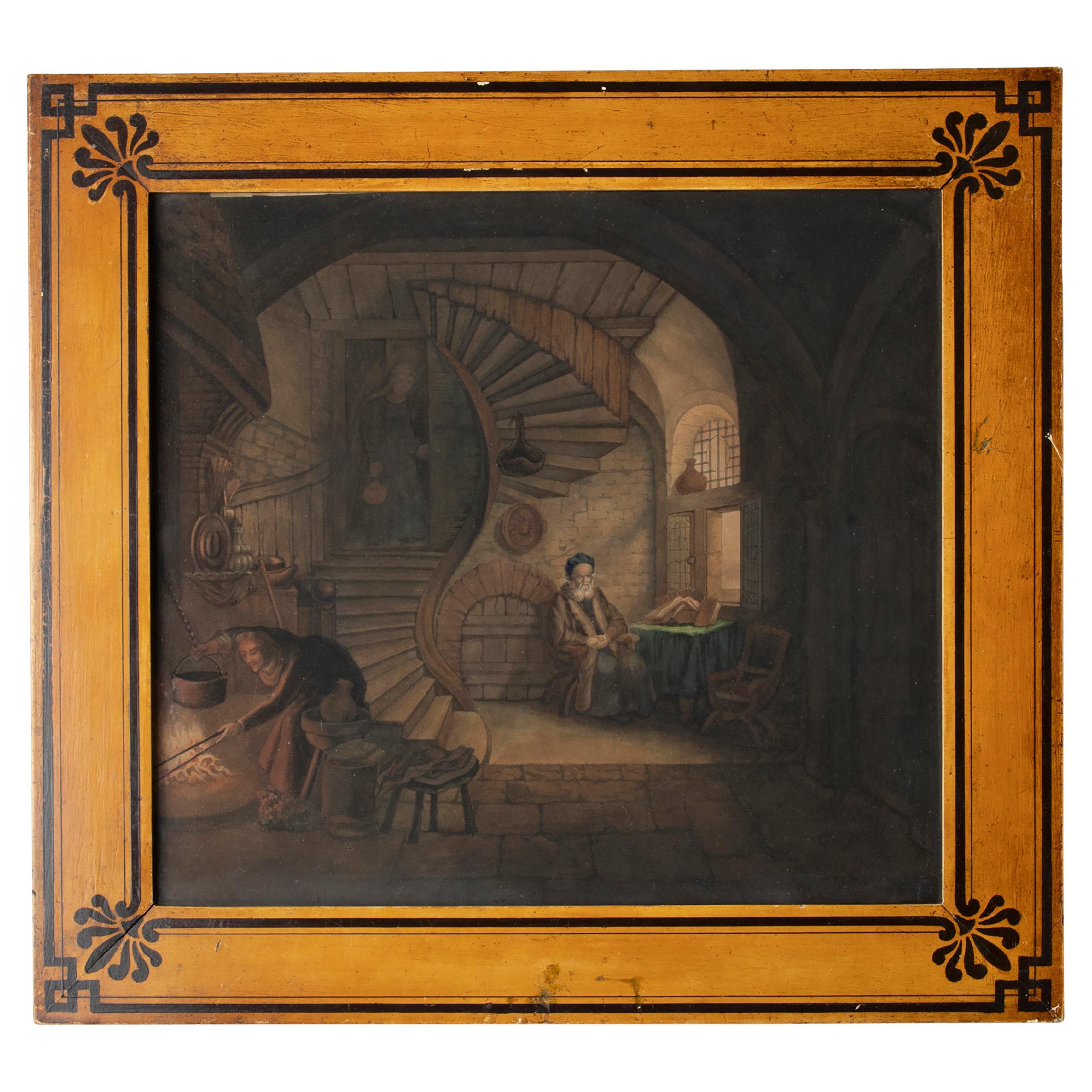 Early 19th Century Charles X Painting Interior Scene with Wooden Painted Frame For Sale