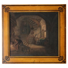 Antique Early 19th Century Charles X Painting Interior Scene with Wooden Painted Frame