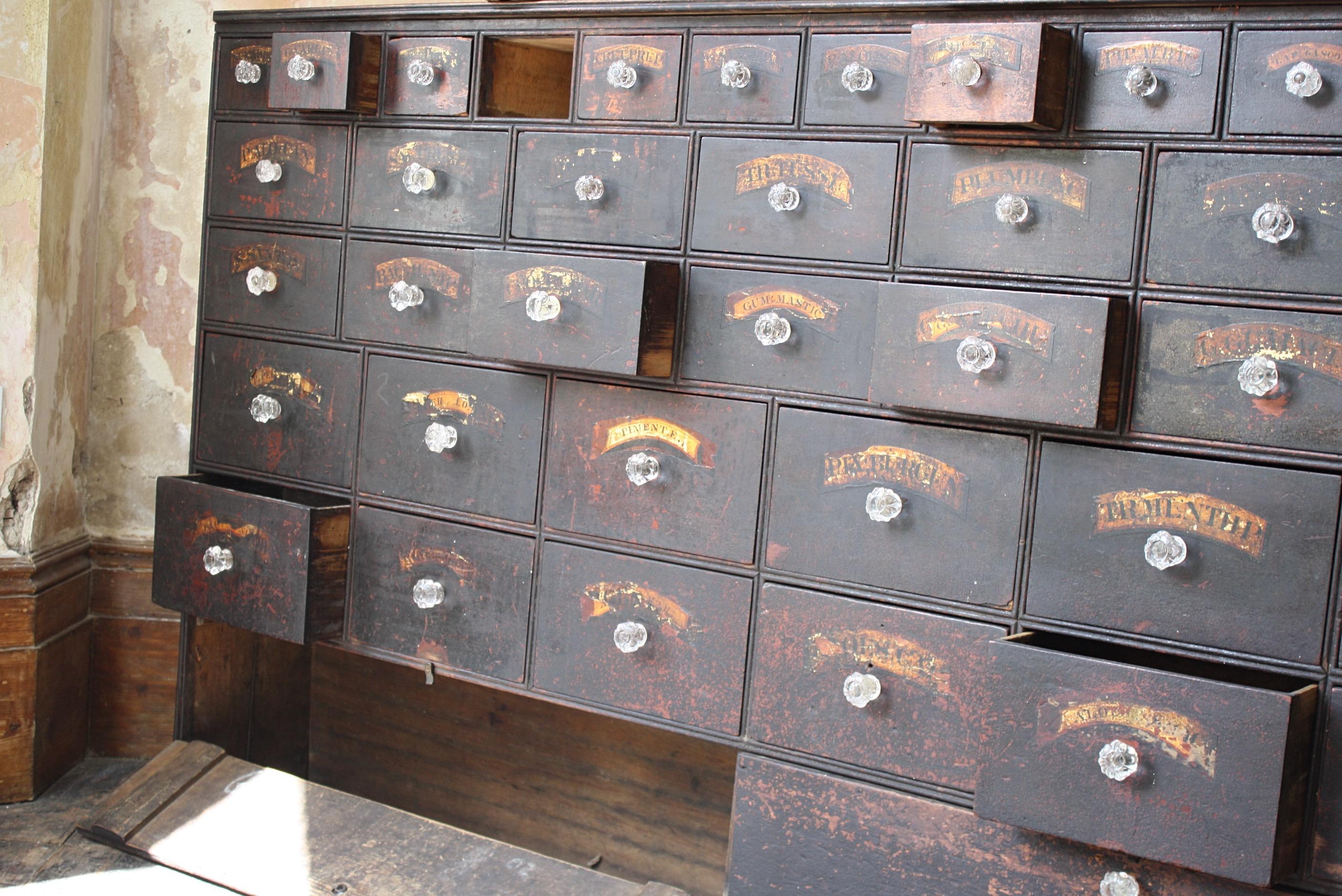 English Early 19th Century Chemist Apothecary Drug Pharmacy Drawers Bratley Pontefract For Sale