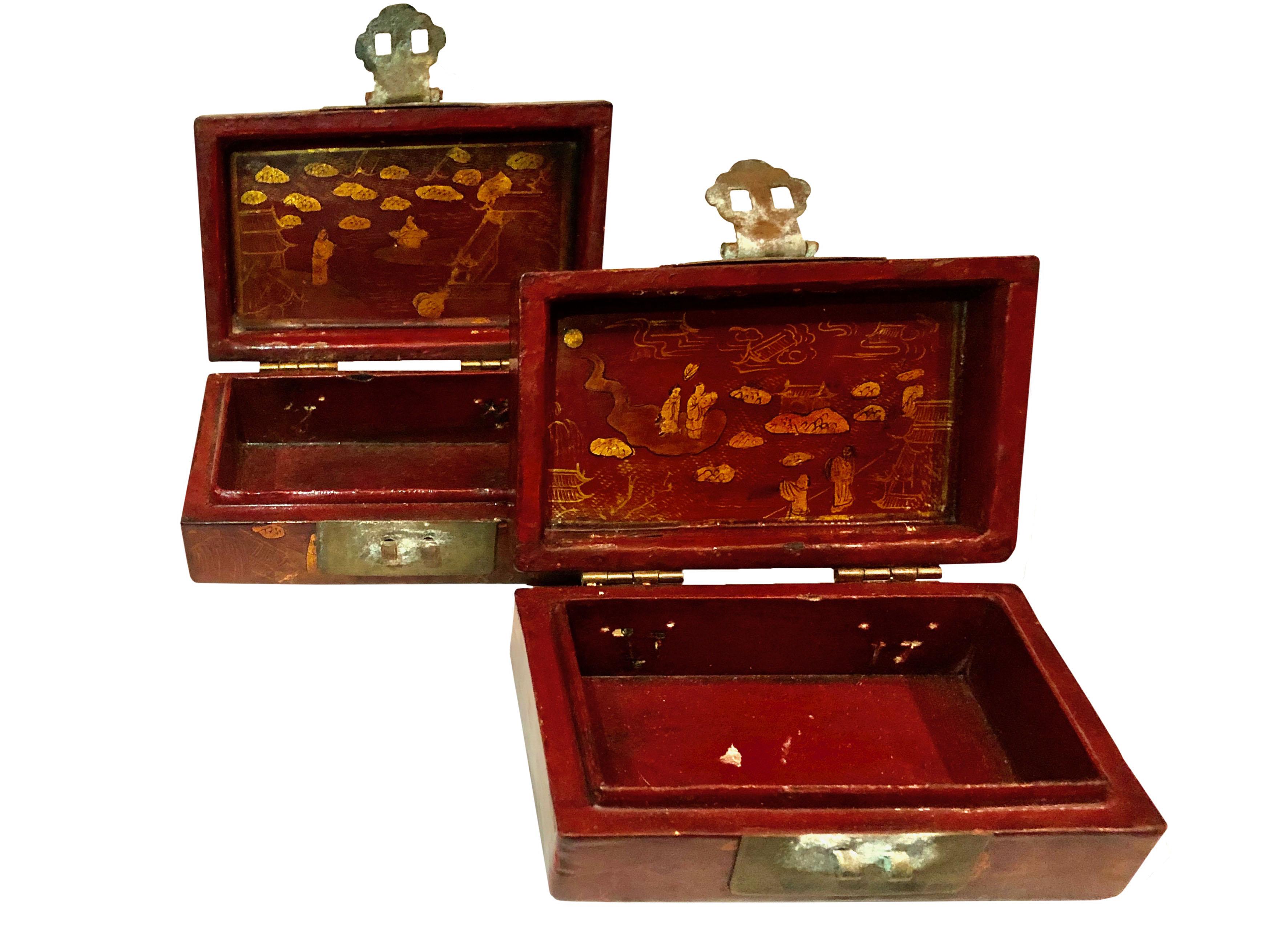 Brass Early 19th Century Chinese Boxes with Oriental Figures, a Pair For Sale