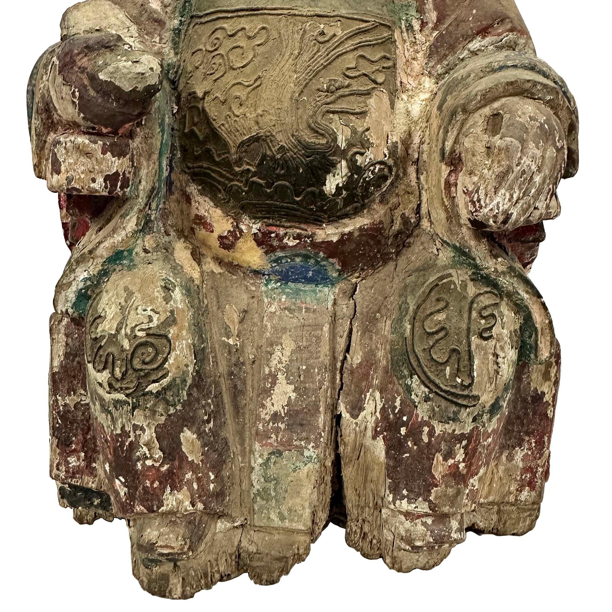 Escultura china de madera policromada tallada de principios del siglo XIX de un dios de la suerte Exportación china en venta
