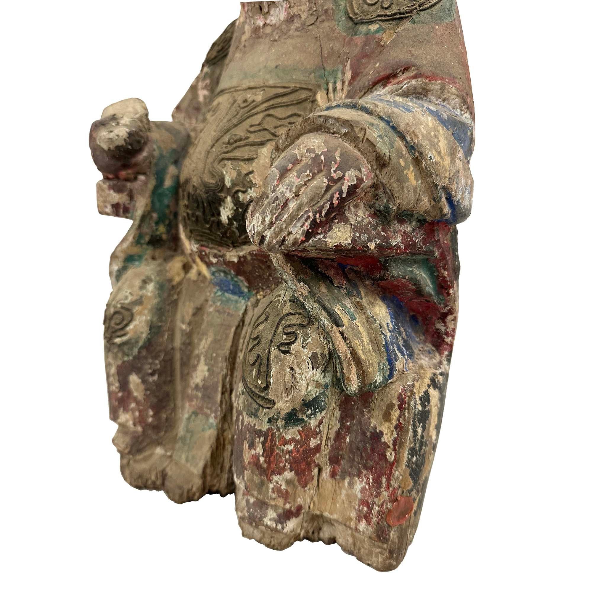 Escultura china de madera policromada tallada de principios del siglo XIX de un dios de la suerte en Bastante bueno estado para la venta en Pomona, CA