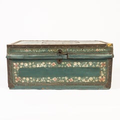 Early 19th Century Chinese Decorated Blue Leather Covered Wood Trunk