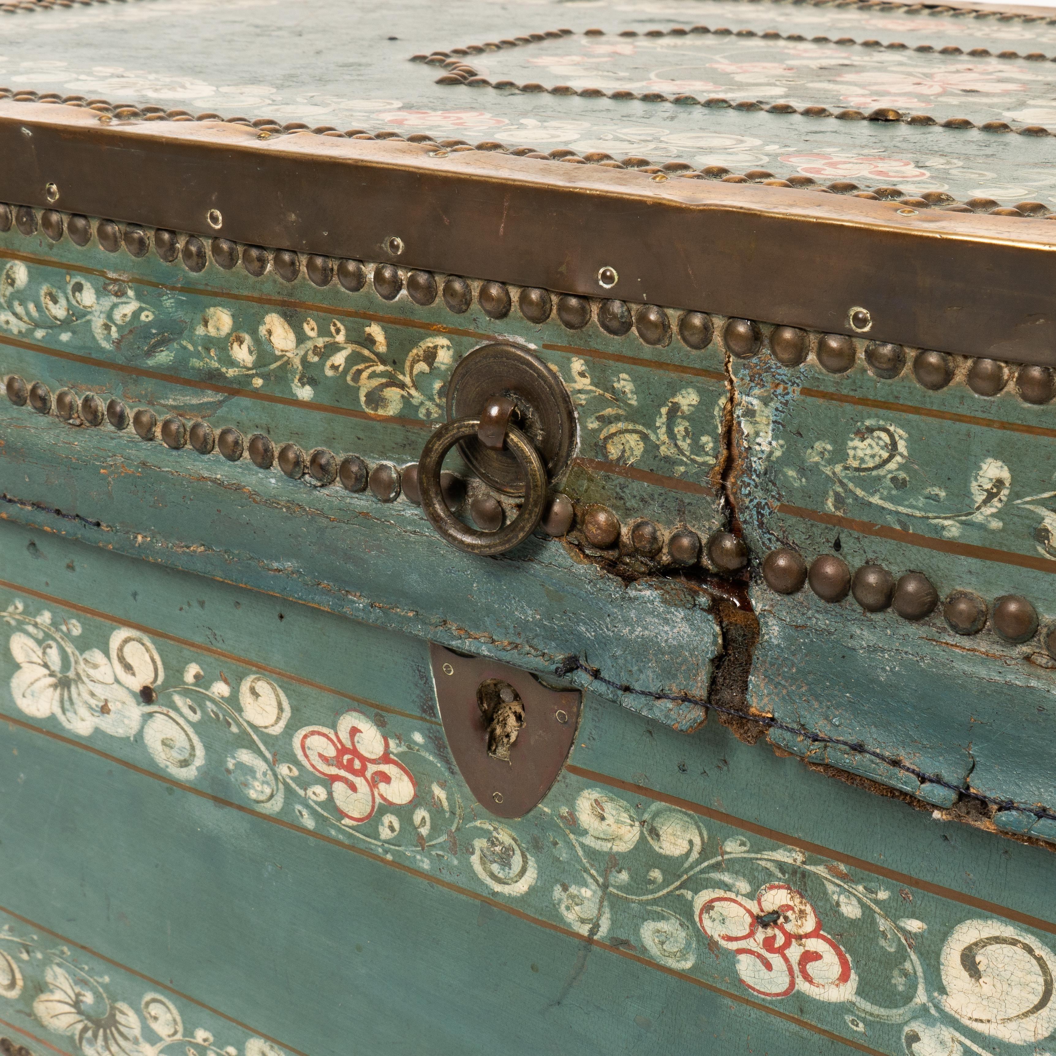 Brass Early 19th Century Chinese Decorated Blue Leather Covered Wood Trunk For Sale