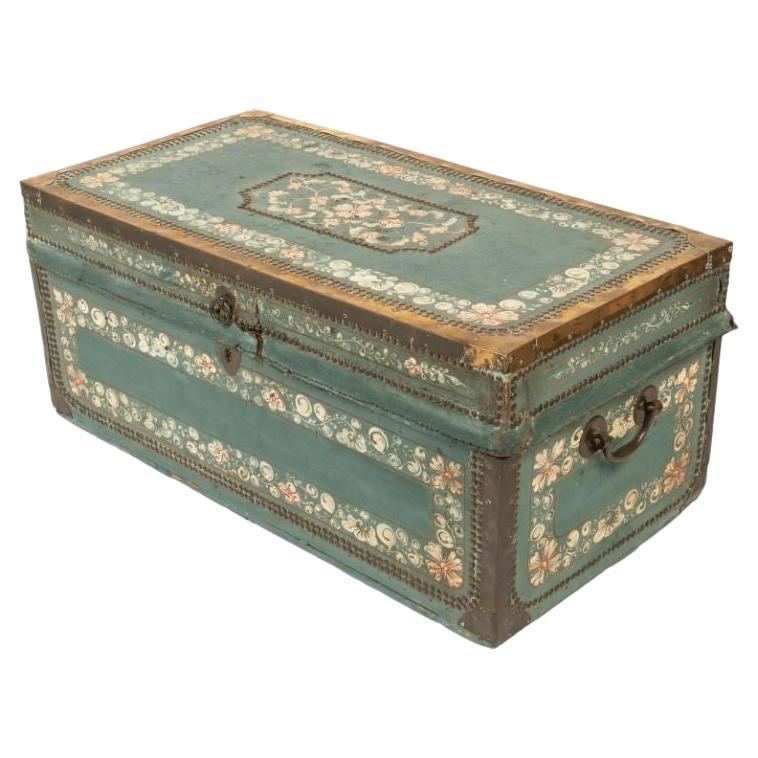 Early 19th Century Chinese Decorated Blue Leather Covered Wood Trunk For Sale
