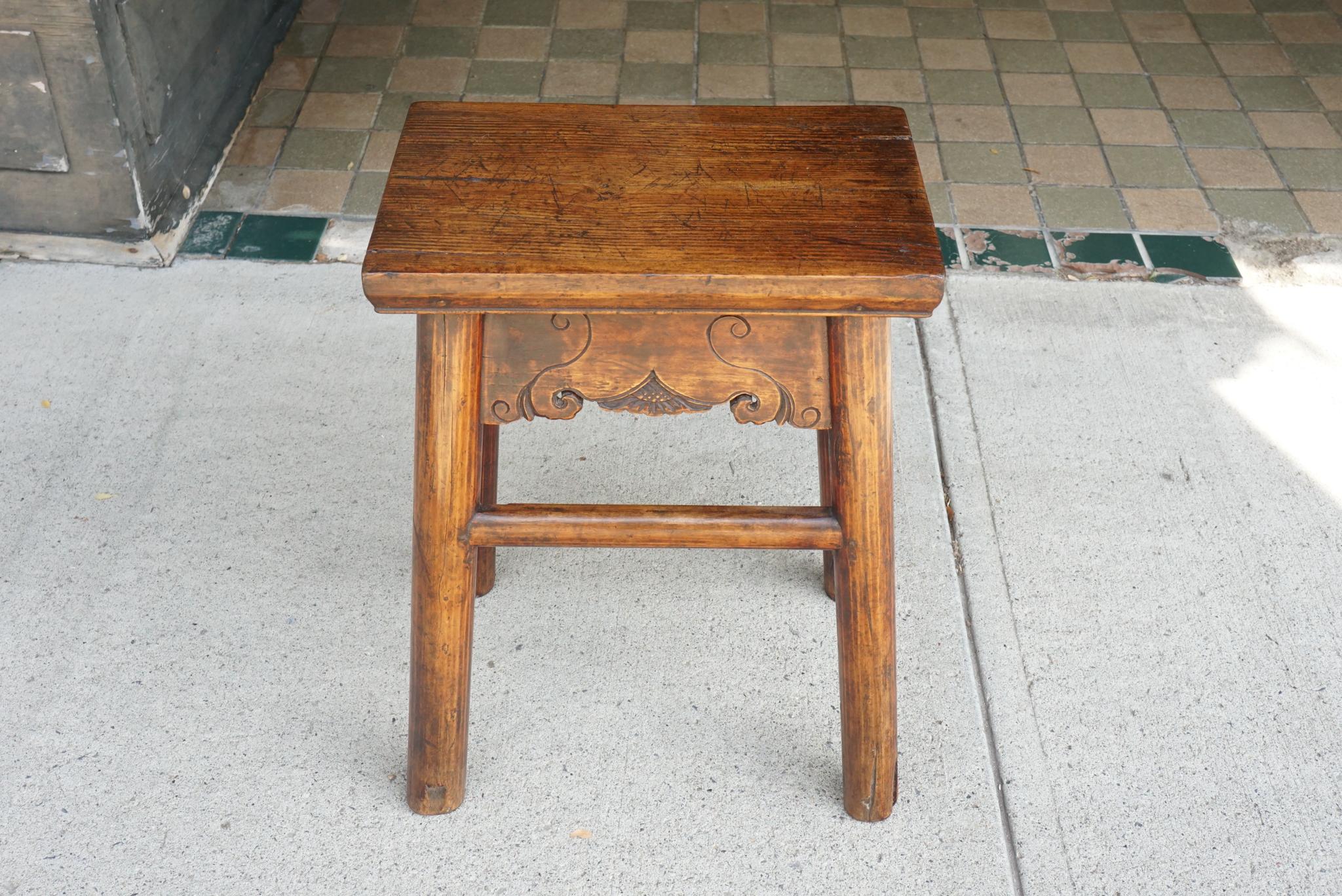 This carved and joined elm stool is perfect in today’s homes as a small drinks or smoking table beside a club chair. Made between 1800 and circa 1840 the piece has a very good old patina not often found today. The surface while used and worn still