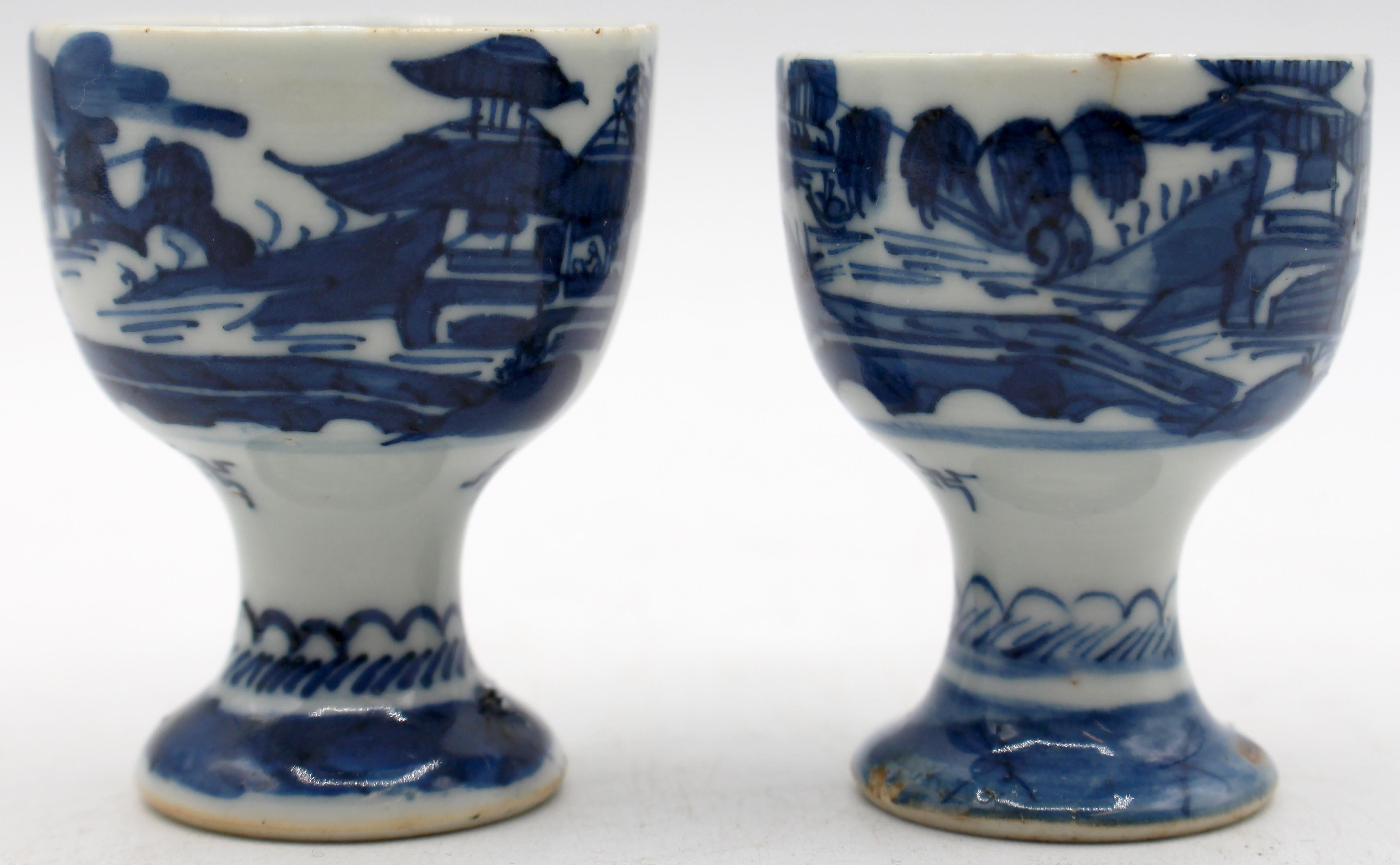 Early 19th century Chinese Export Blue Canton pair of egg cups. Finely decorated. One with 3/4