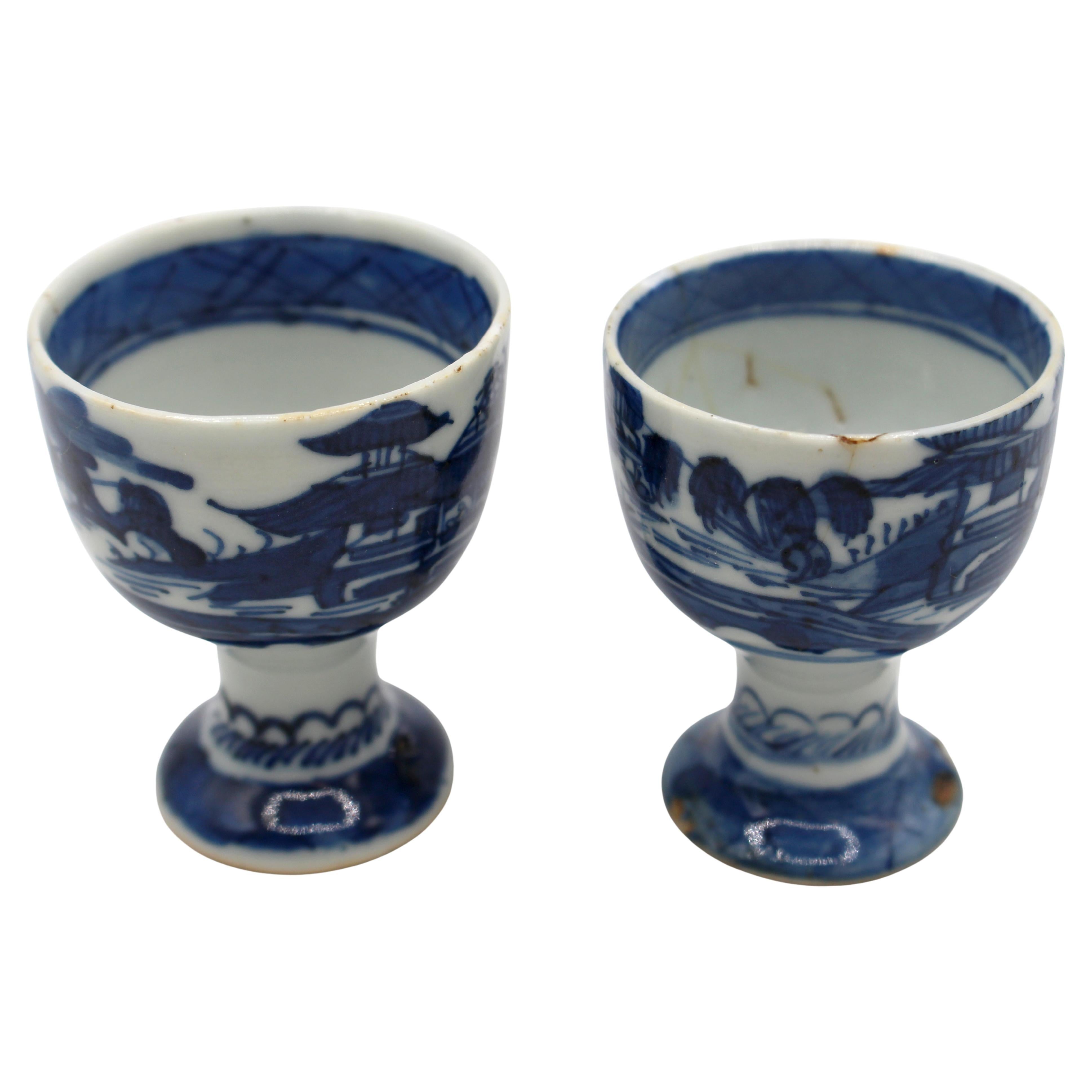 Early 19th Century Chinese Export Blue Canton Pair of Egg Cups