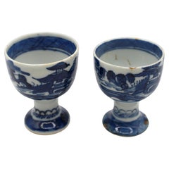 Early 19th Century Chinese Export Blue Canton Pair of Egg Cups
