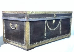 Early 19th Century Chinese Export Brown Leather & Brass Camphor Wood Trunk