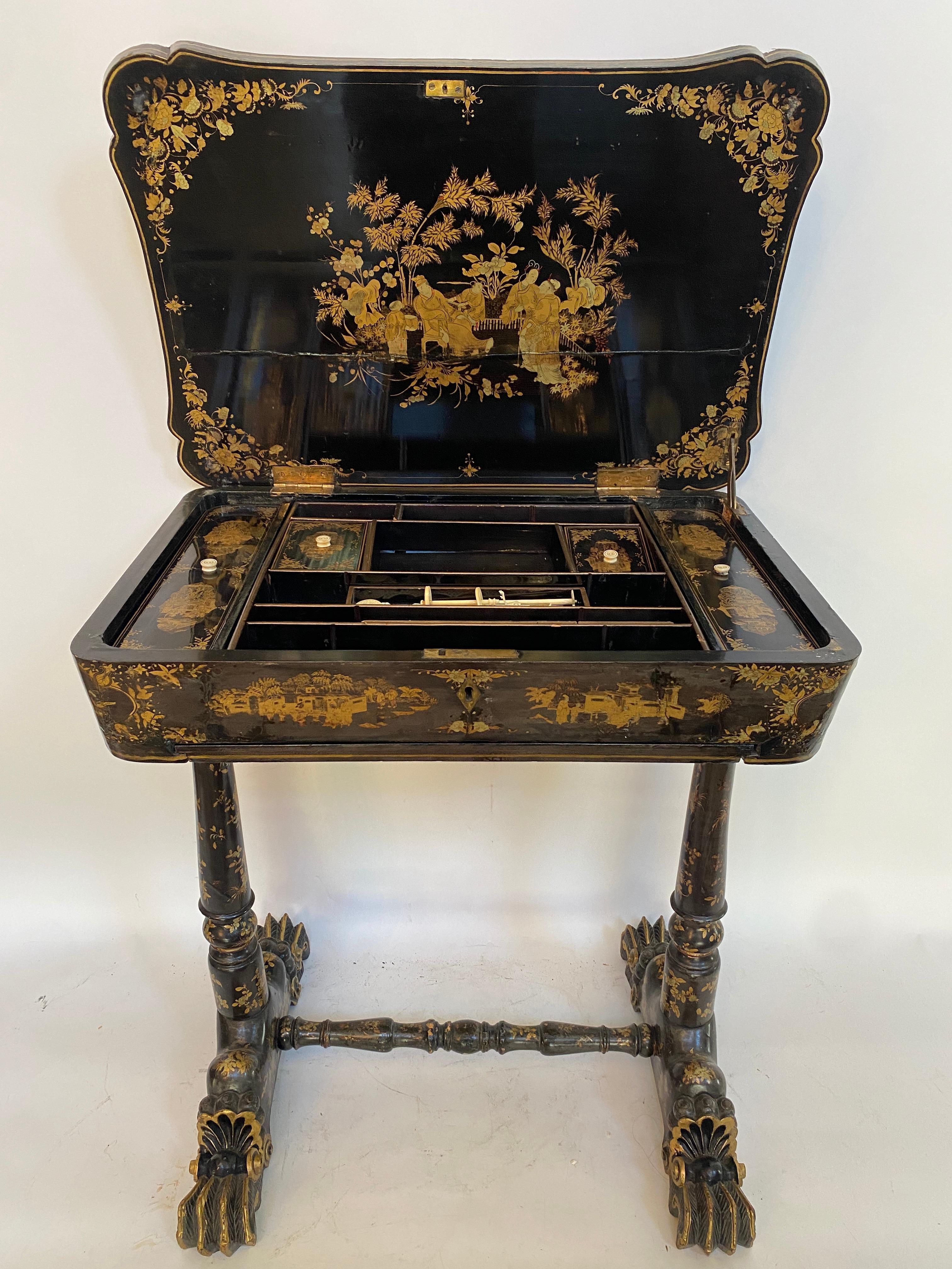 Early 19th Century Chinese Export Lacquer and Gilt Sew Working Table For Sale 1