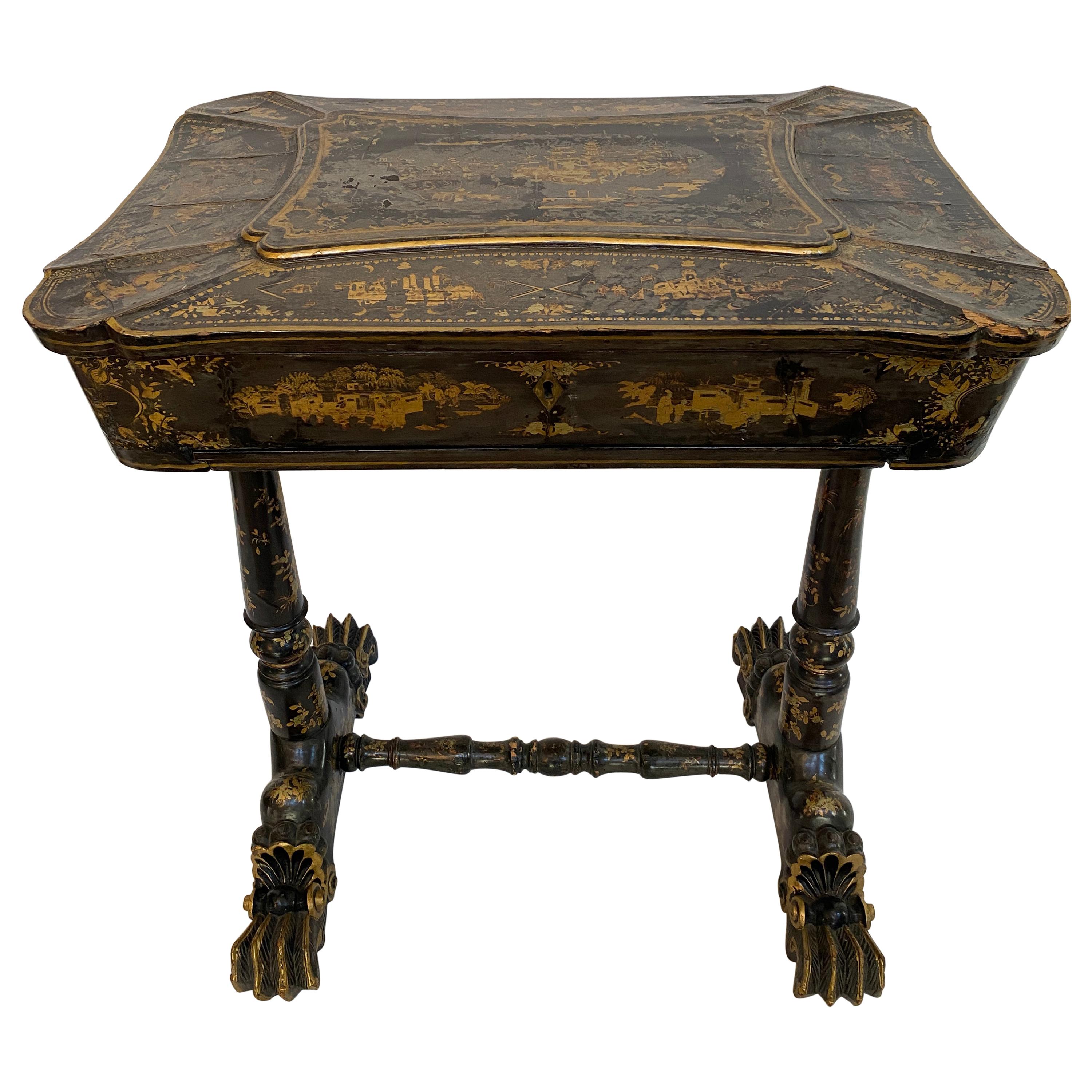 Early 19th Century Chinese Export Lacquer and Gilt Sew Working Table For Sale